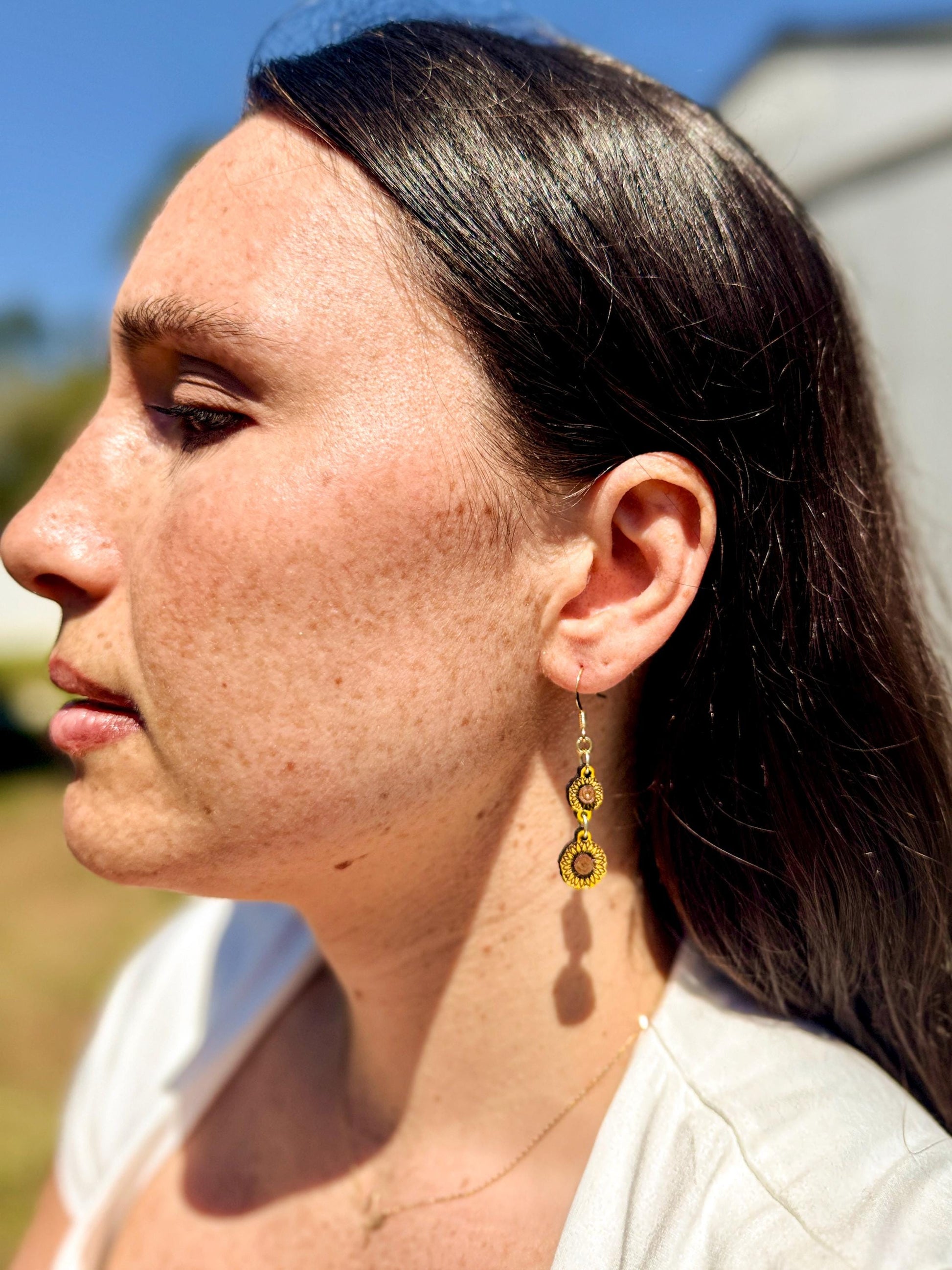 Hand-Painted Woodcut Sunflower Earrings – Layered Engraved Bloom with French Hooks