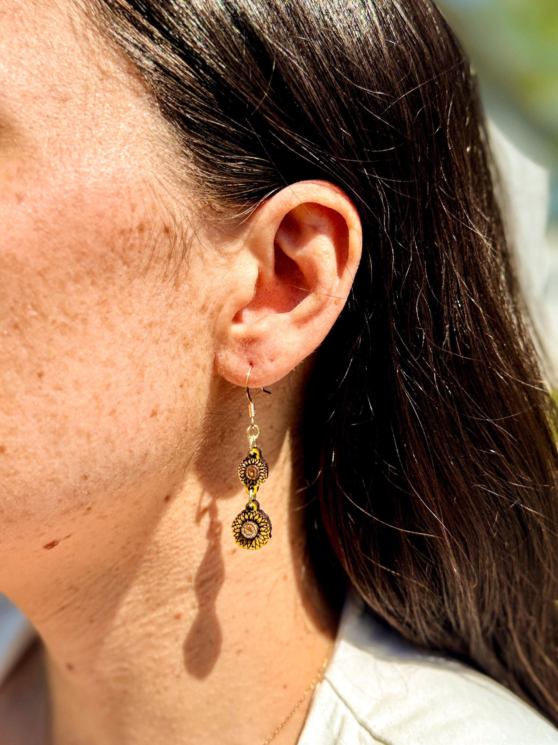 Hand-Painted Woodcut Sunflower Earrings – Layered Engraved Bloom with French Hooks