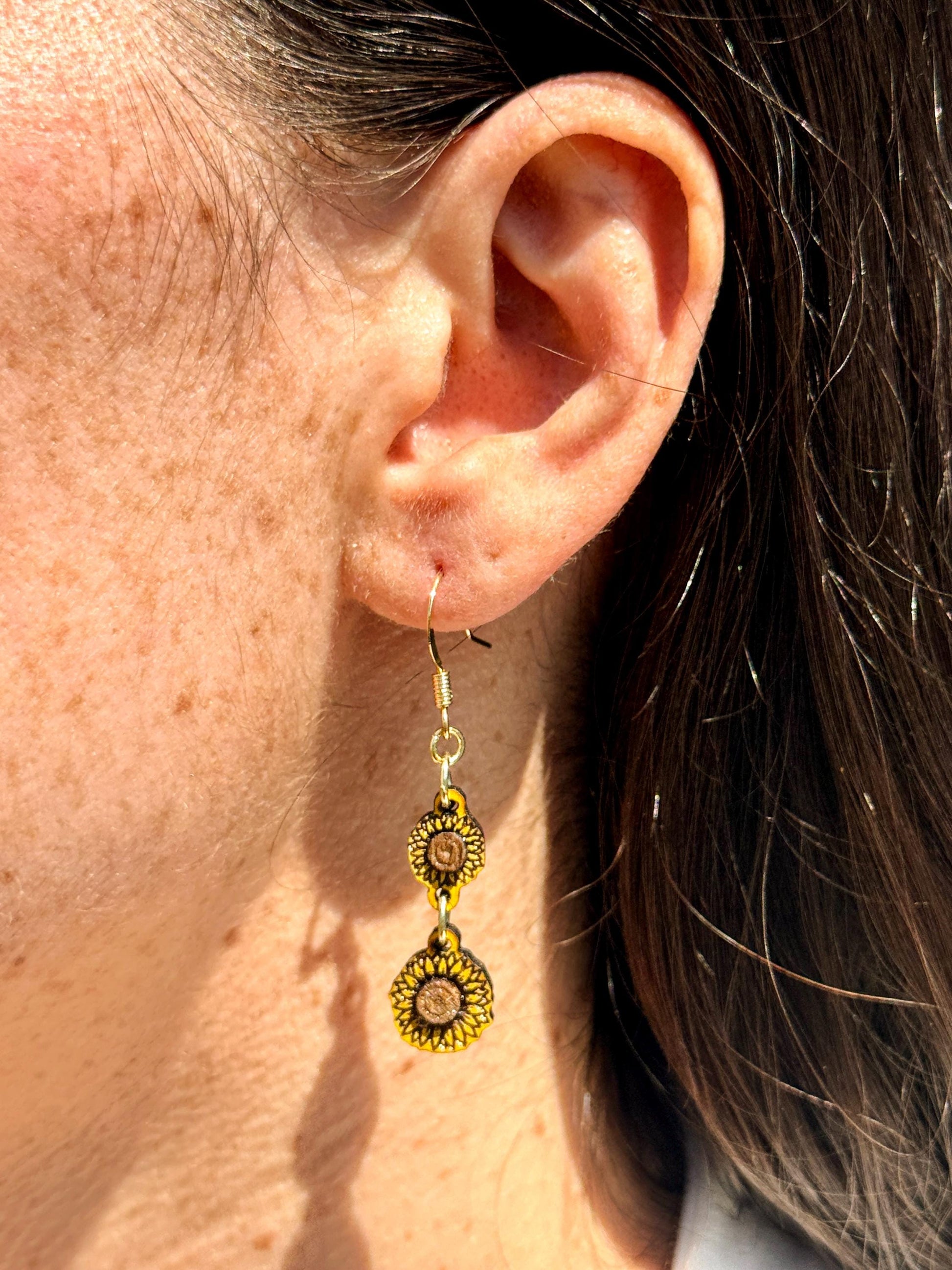 Hand-Painted Woodcut Sunflower Earrings – Layered Engraved Bloom with French Hooks