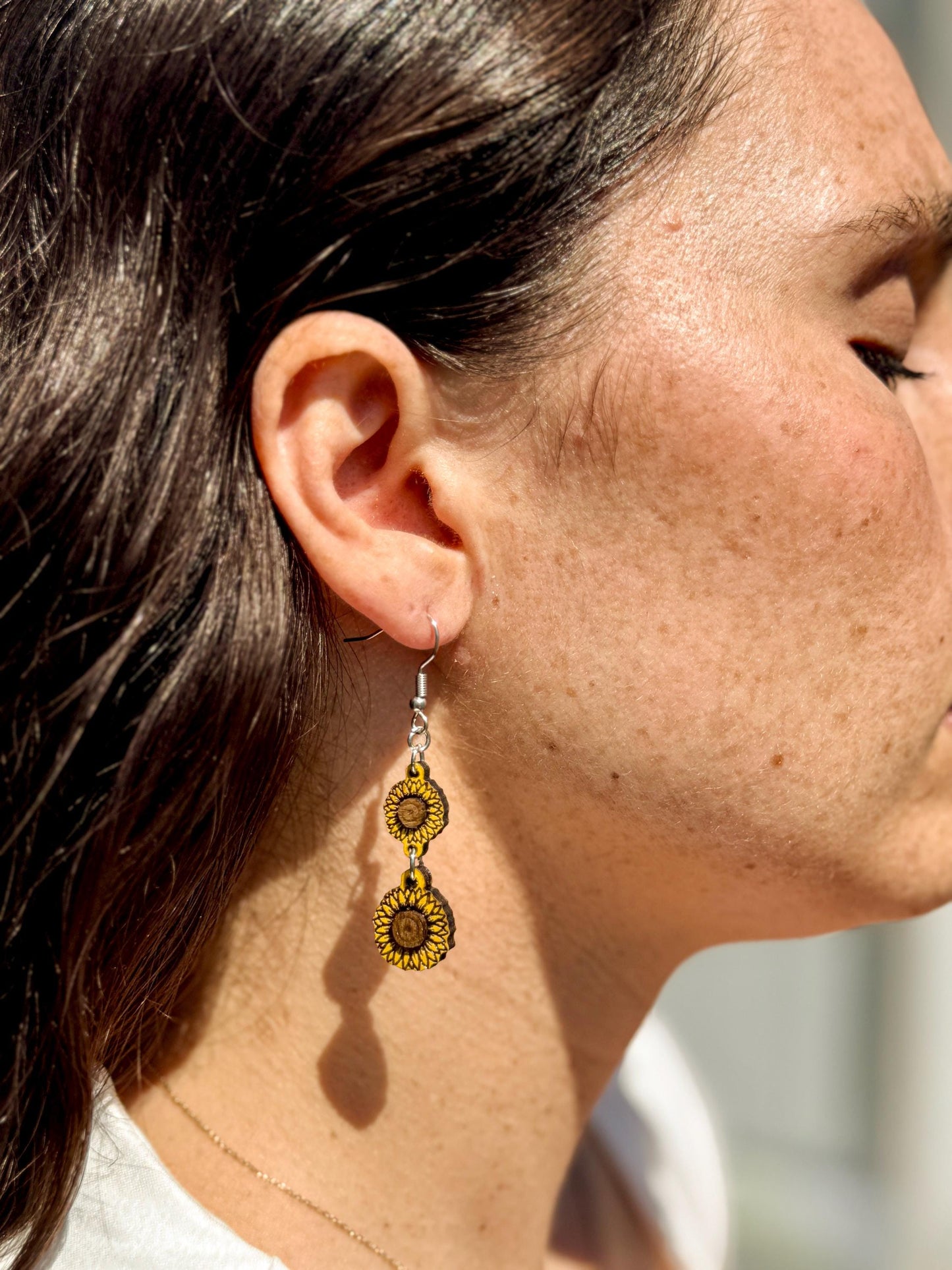 Hand-Painted Woodcut Sunflower Earrings – Layered Engraved Bloom with French Hooks