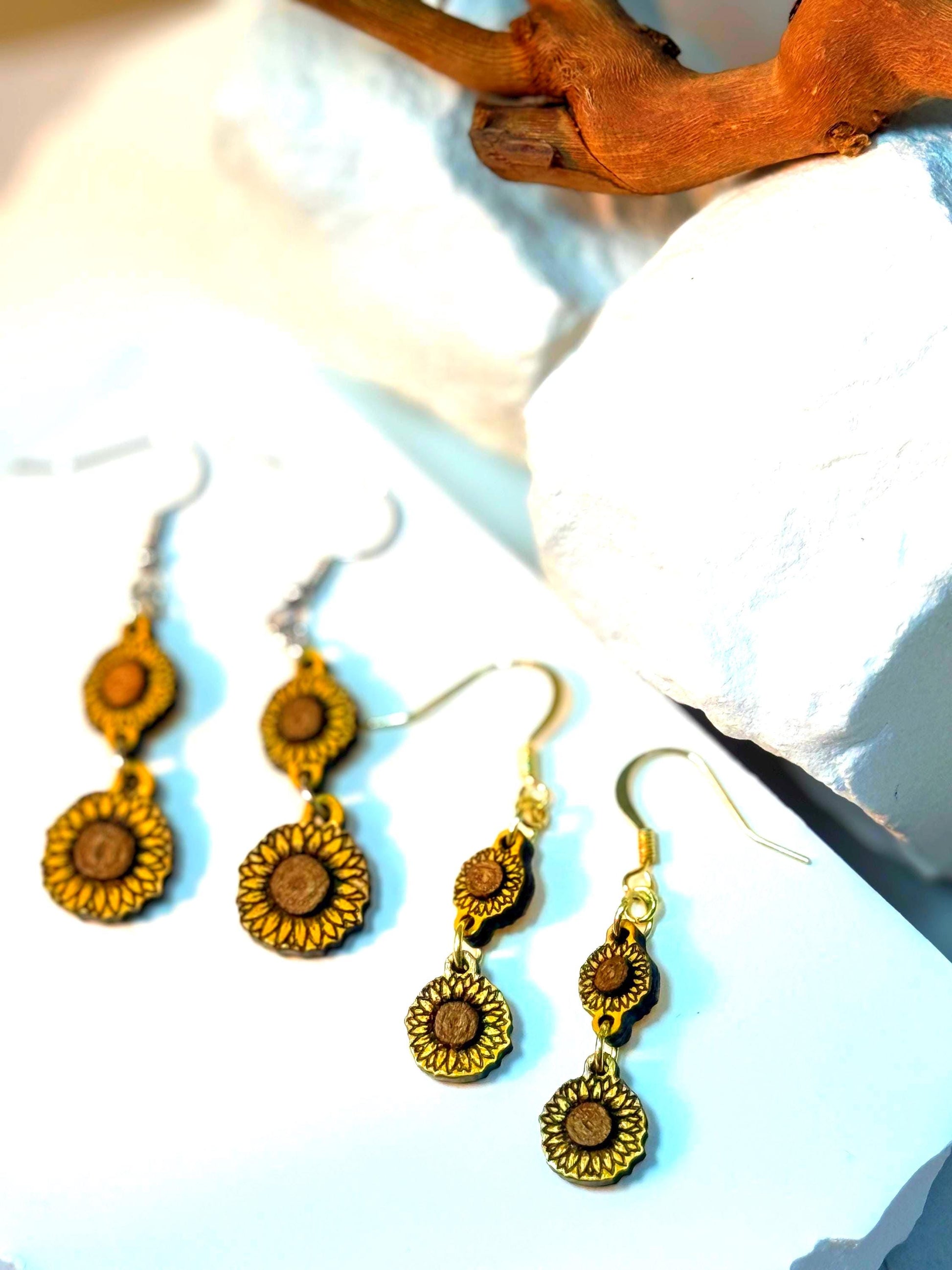 Hand-Painted Woodcut Sunflower Earrings – Layered Engraved Bloom with French Hooks