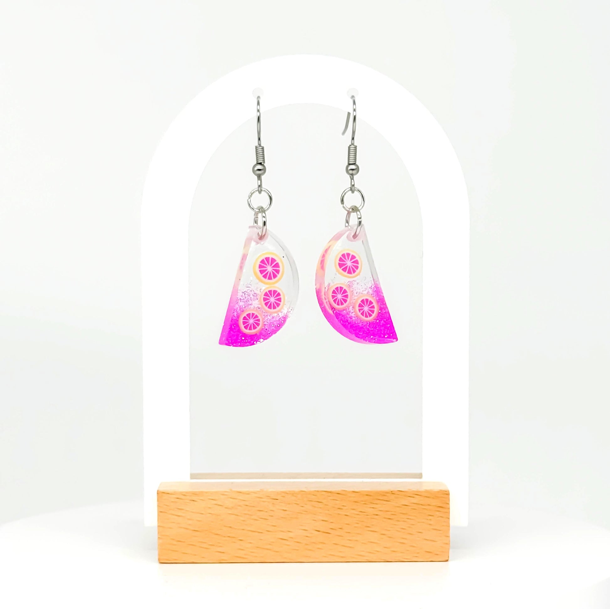 Handcrafted Pink Citrus Resin Earrings – Glittery Fruit Slice Dangles