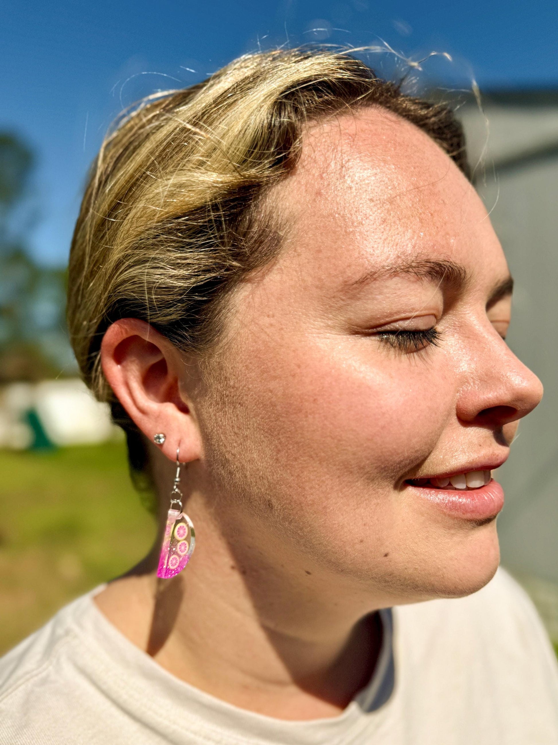 Handcrafted Pink Citrus Resin Earrings – Glittery Fruit Slice Dangles