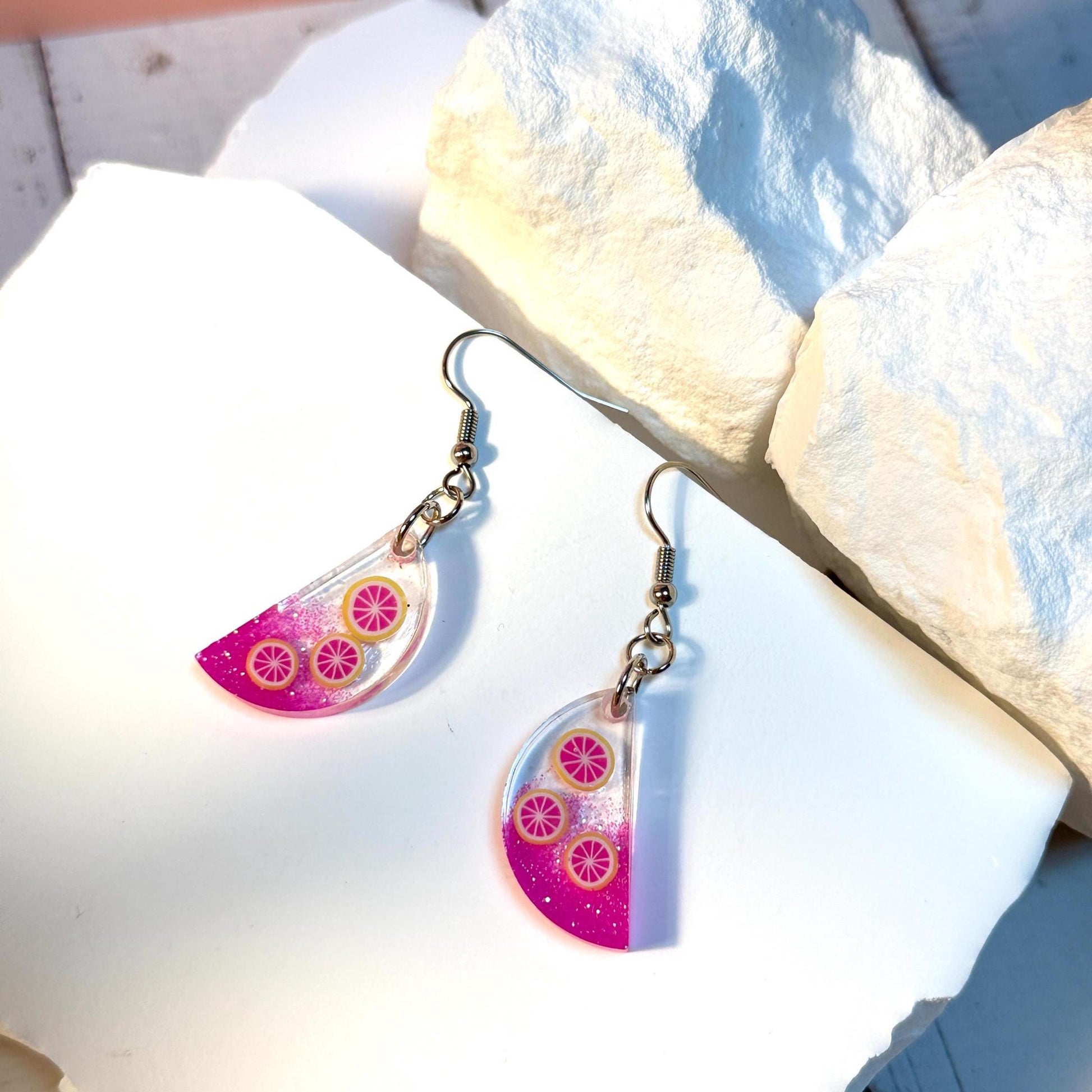 Handcrafted Pink Citrus Resin Earrings – Glittery Fruit Slice Dangles