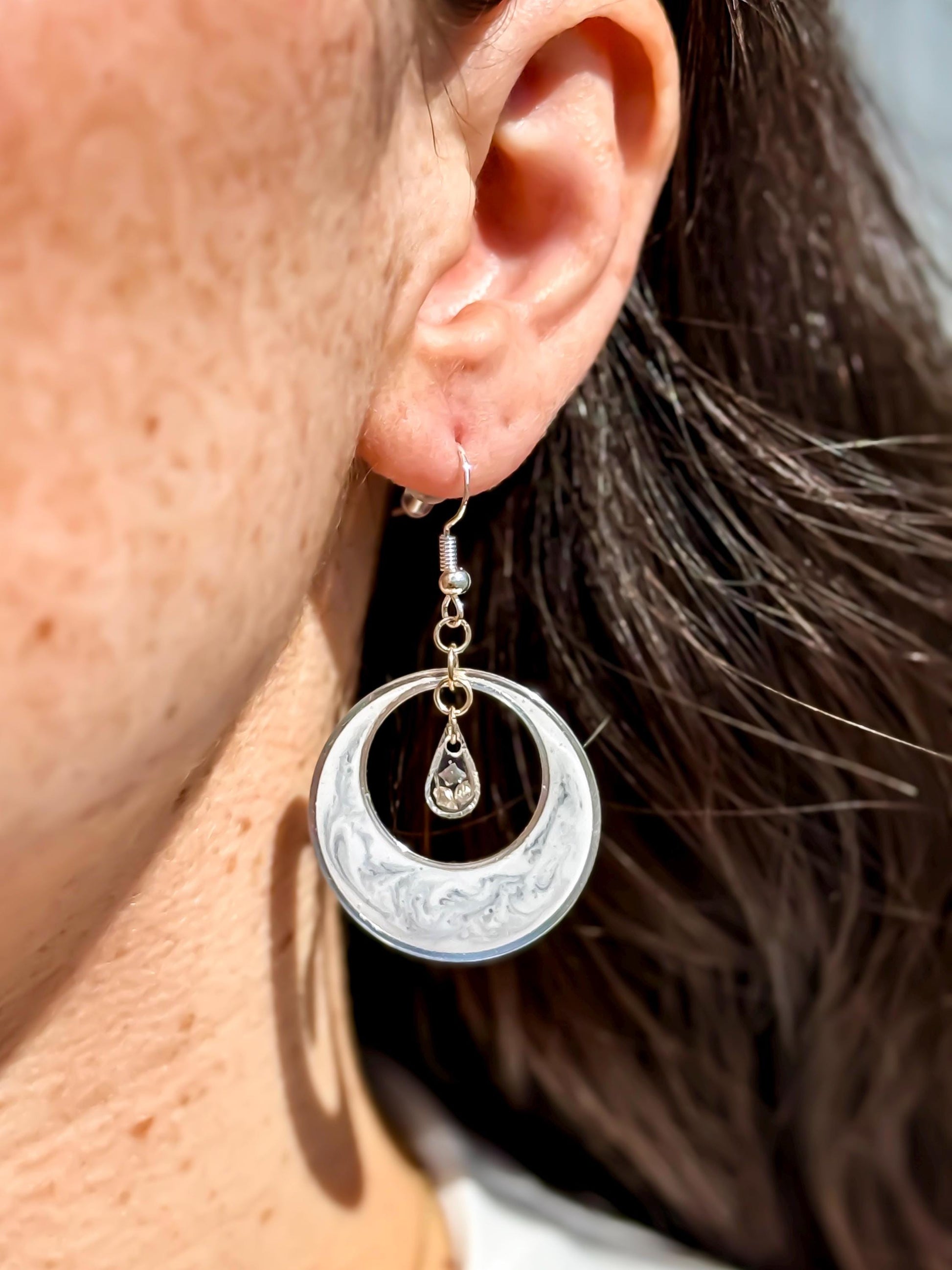 Handmade Swirl Resin Hoop Earrings – Translucent Marble Design with Silver Accents
