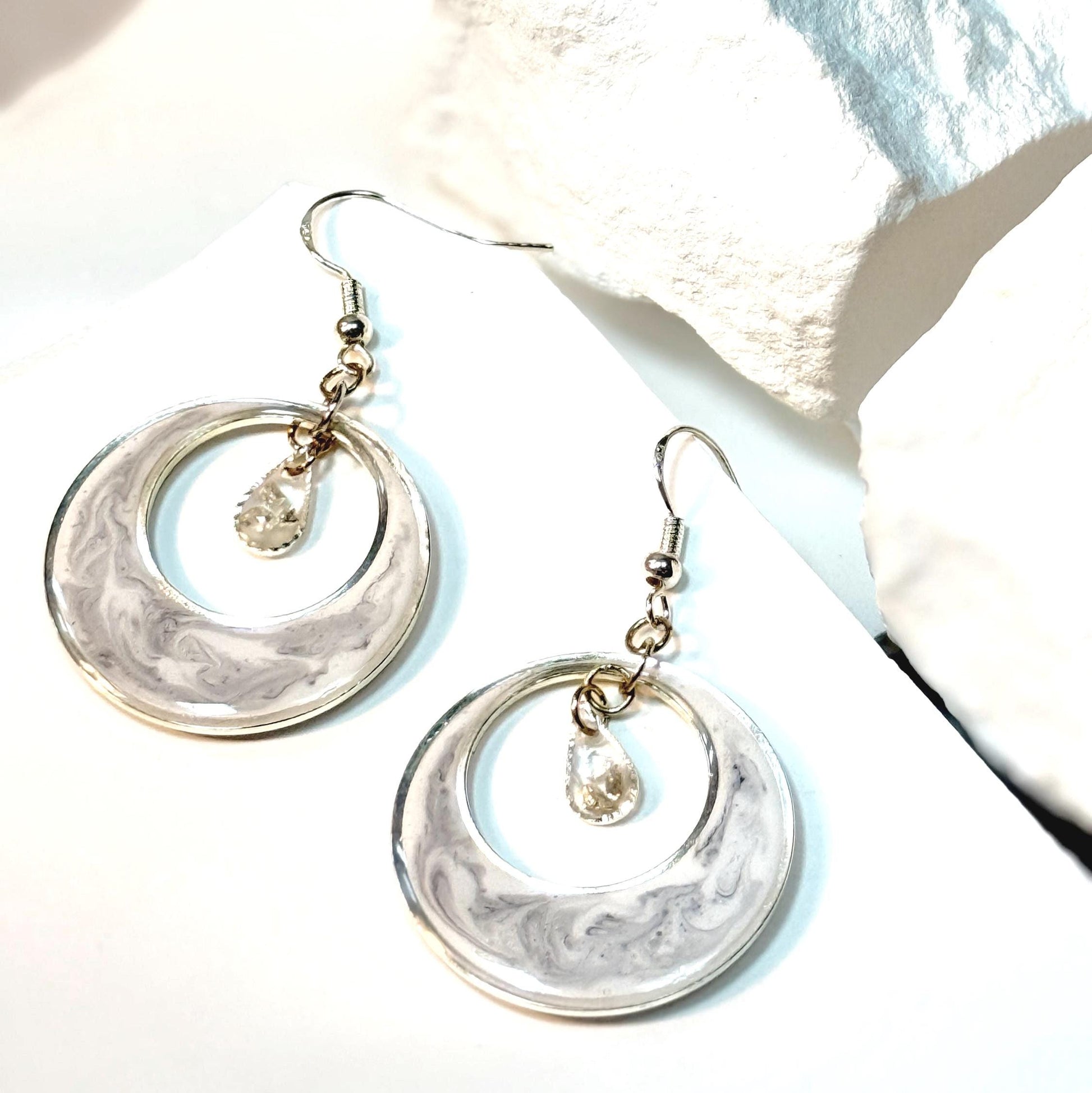 Handmade Swirl Resin Hoop Earrings – Translucent Marble Design with Silver Accents