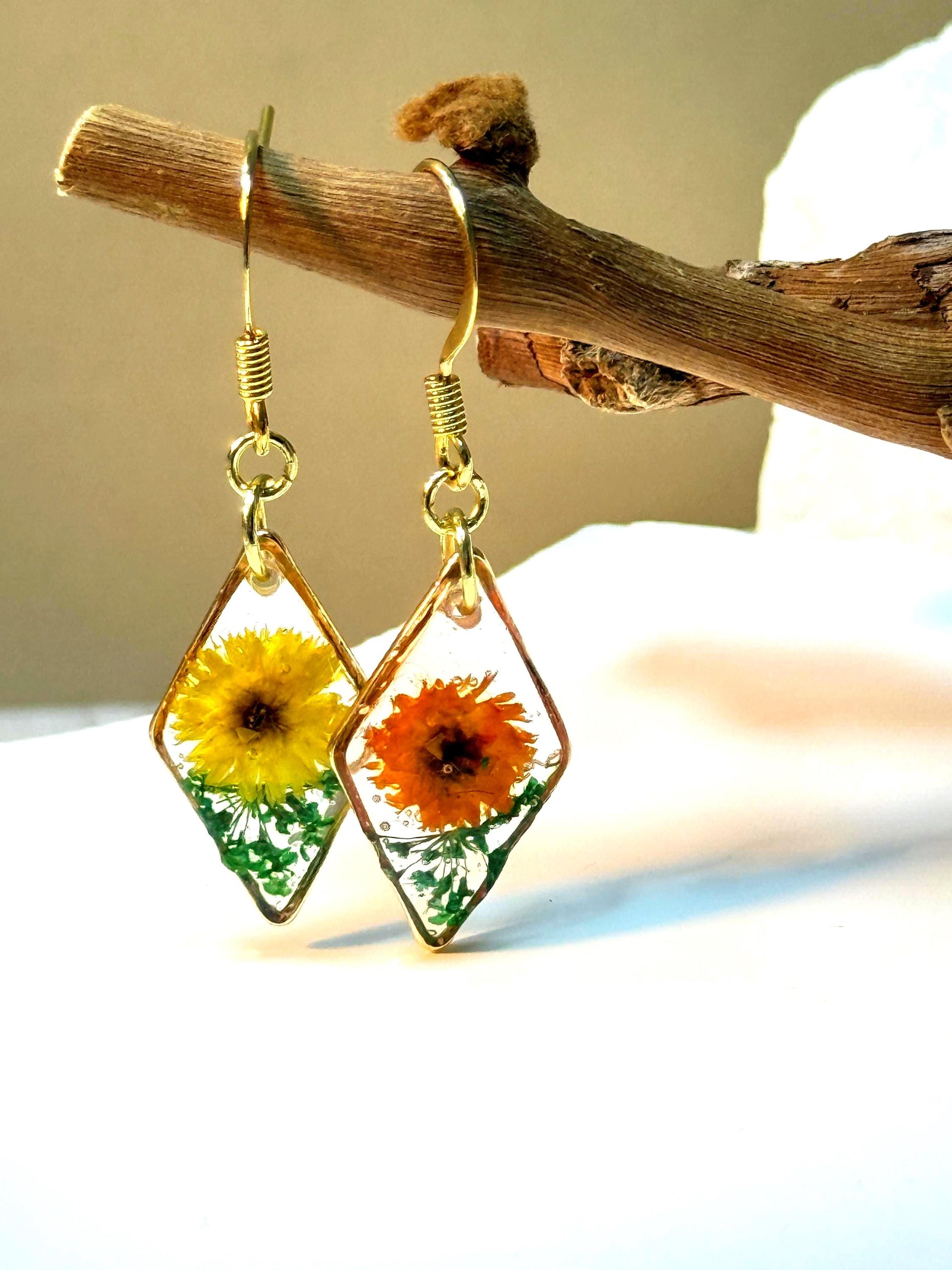 Dual Tone Floral Resin Earrings: Orange & Yellow Flower French Hooks
