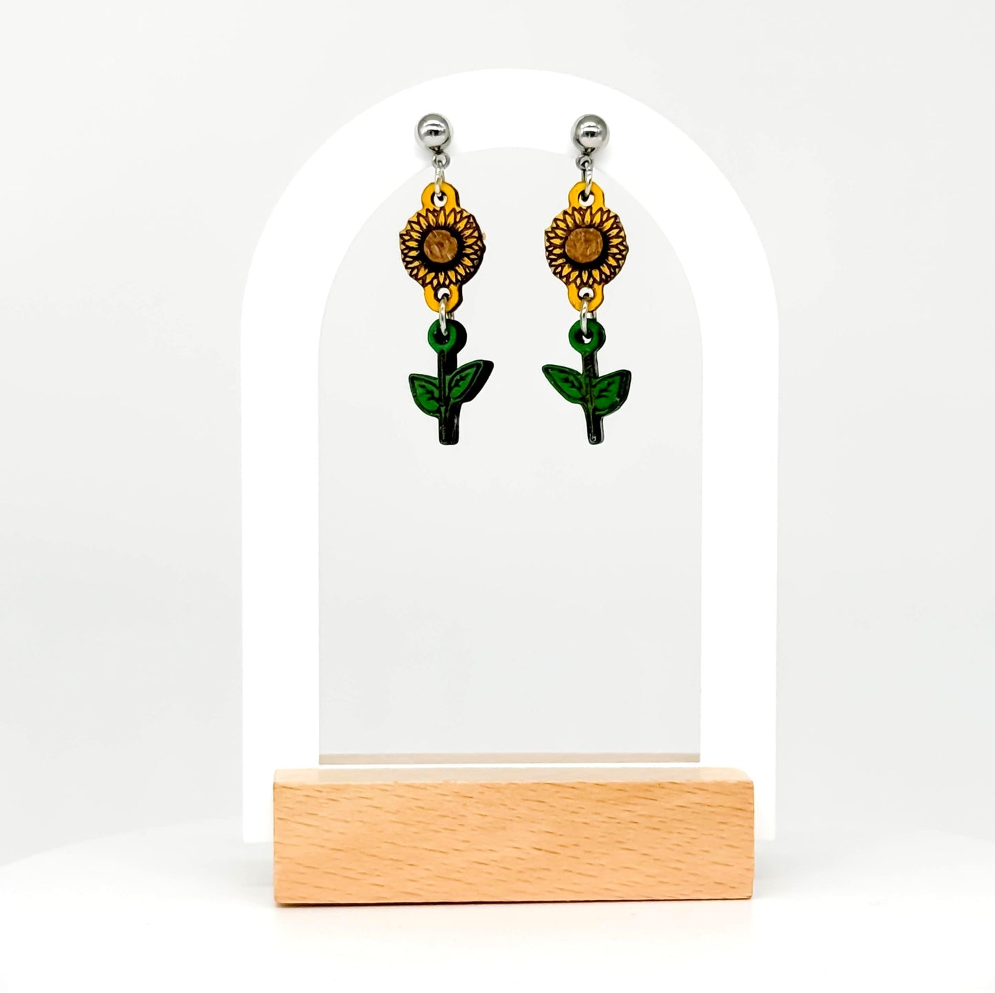 Sunflower Earrings – Hand-Painted Woodcut, Engraved, Yellow & Green, Country Southern Flower