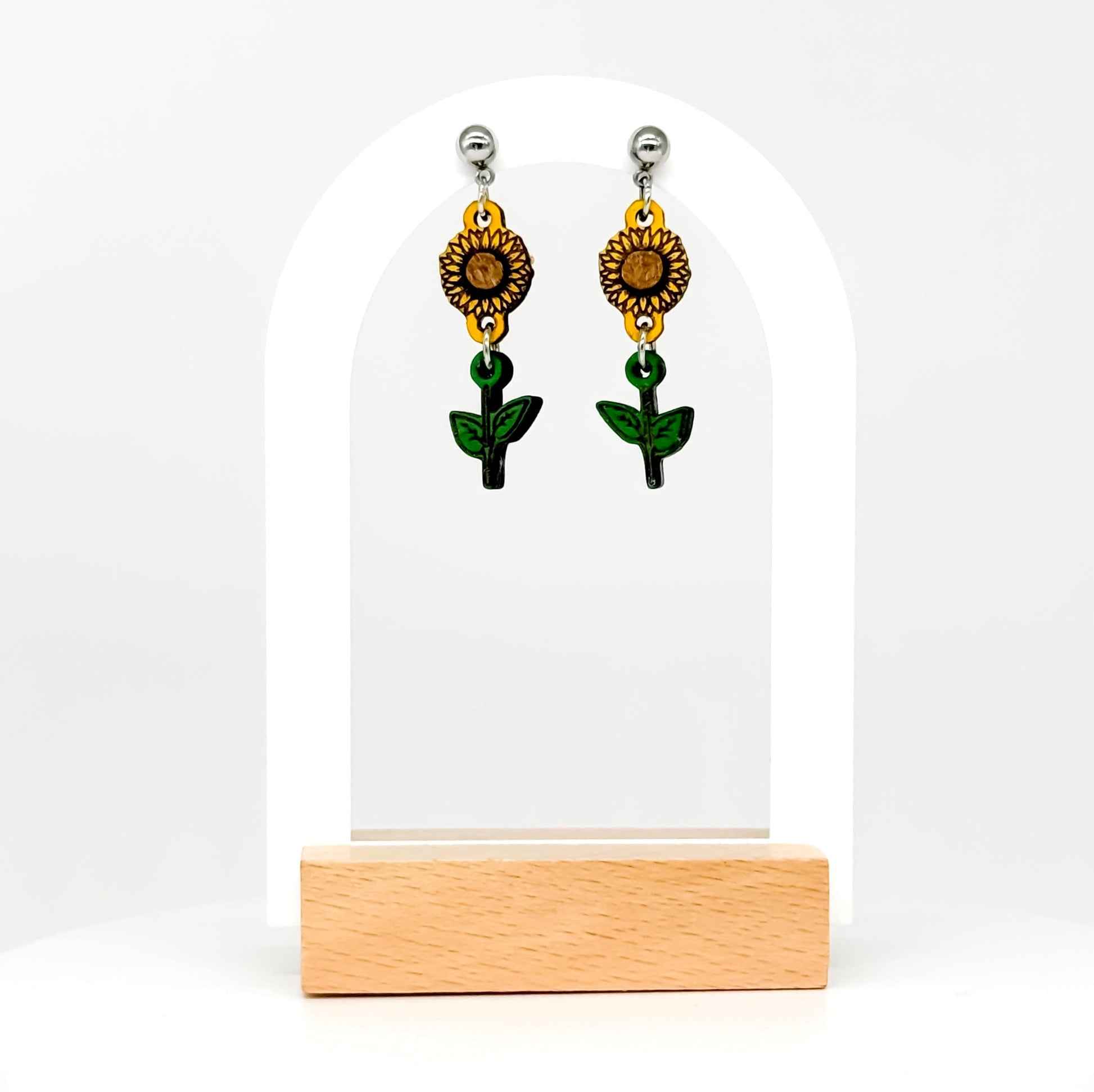 Sunflower Earrings – Hand-Painted Woodcut, Engraved, Yellow & Green, Country Southern Flower