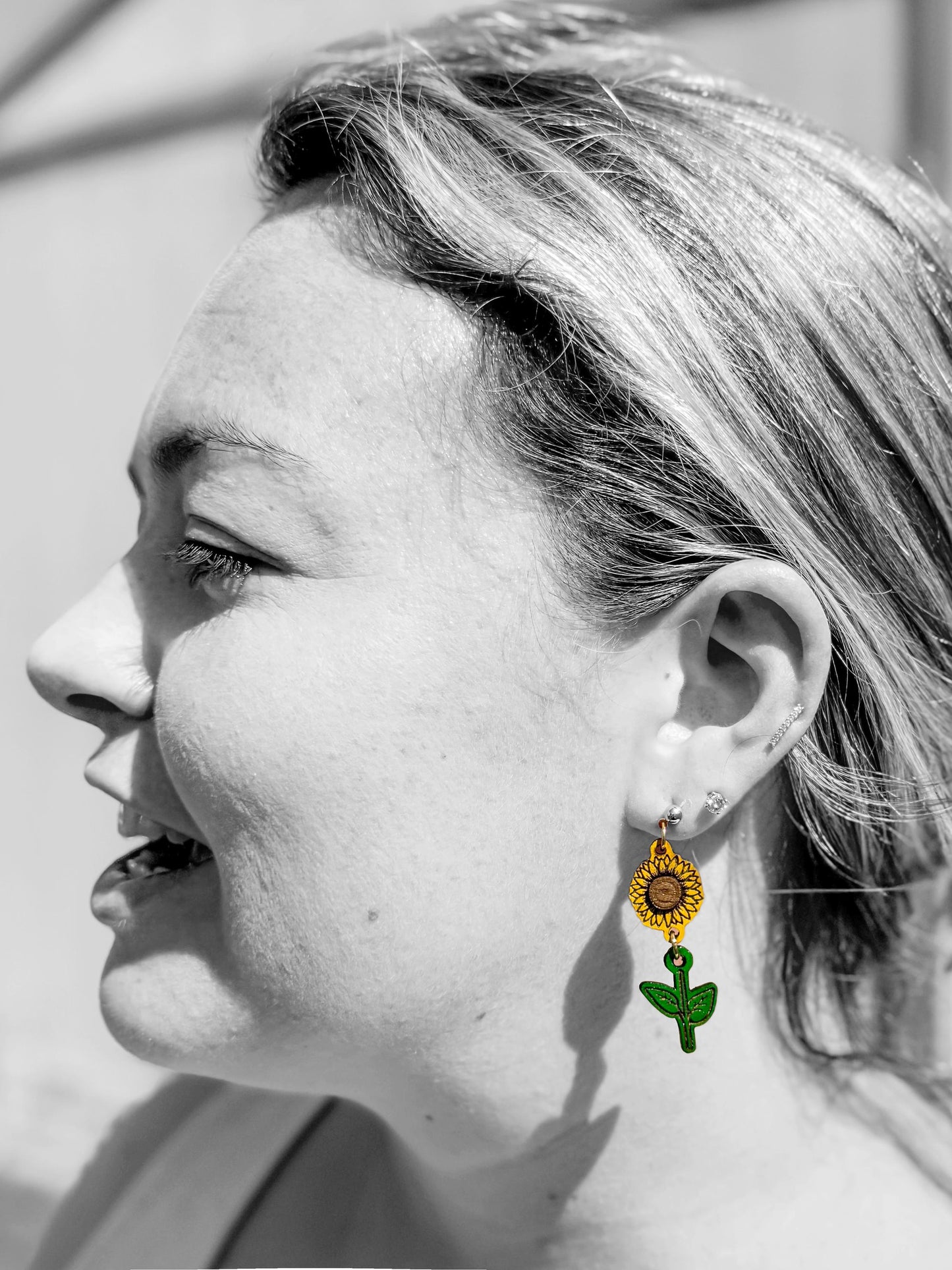 Sunflower Earrings – Hand-Painted Woodcut, Engraved, Yellow & Green, Country Southern Flower