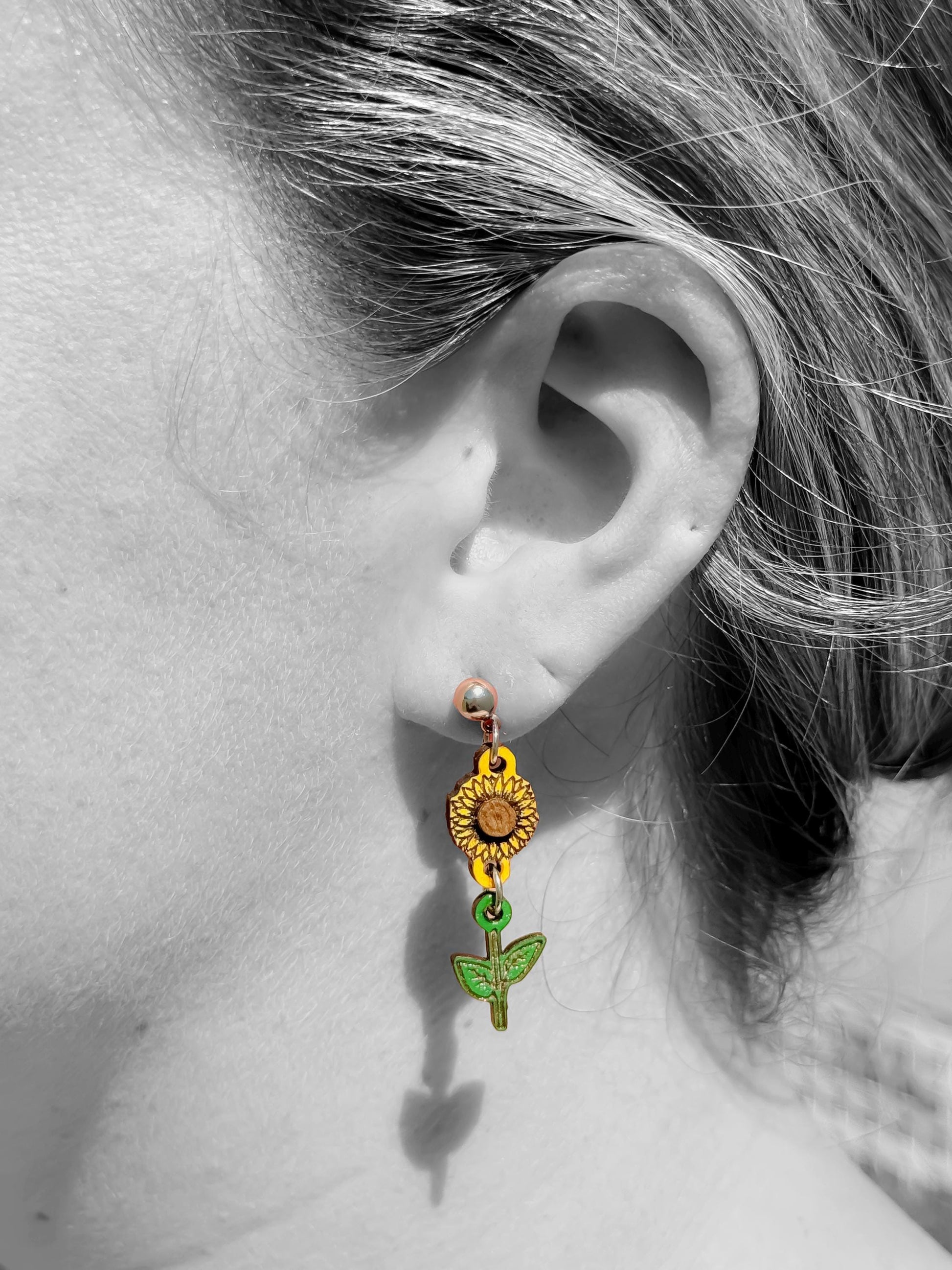 Sunflower Earrings – Hand-Painted Woodcut, Engraved, Yellow & Green, Country Southern Flower