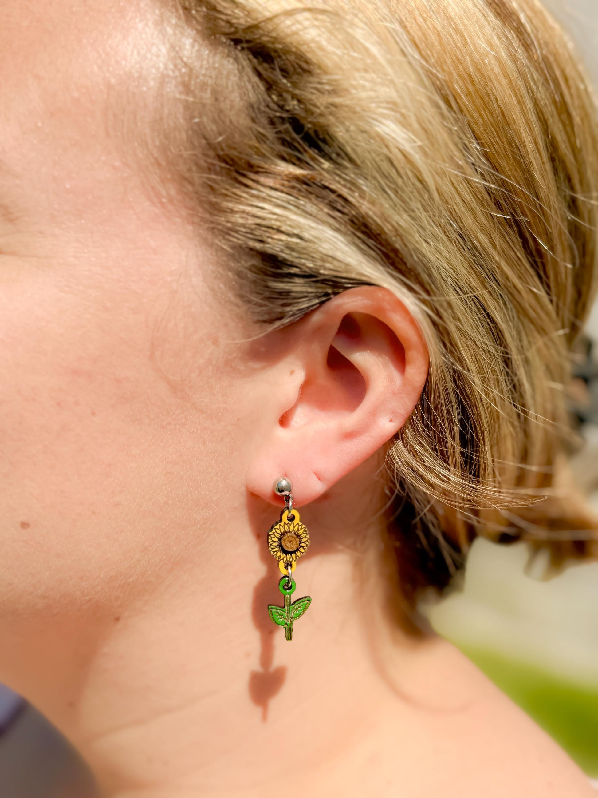 Sunflower Earrings – Hand-Painted Woodcut, Engraved, Yellow & Green, Country Southern Flower