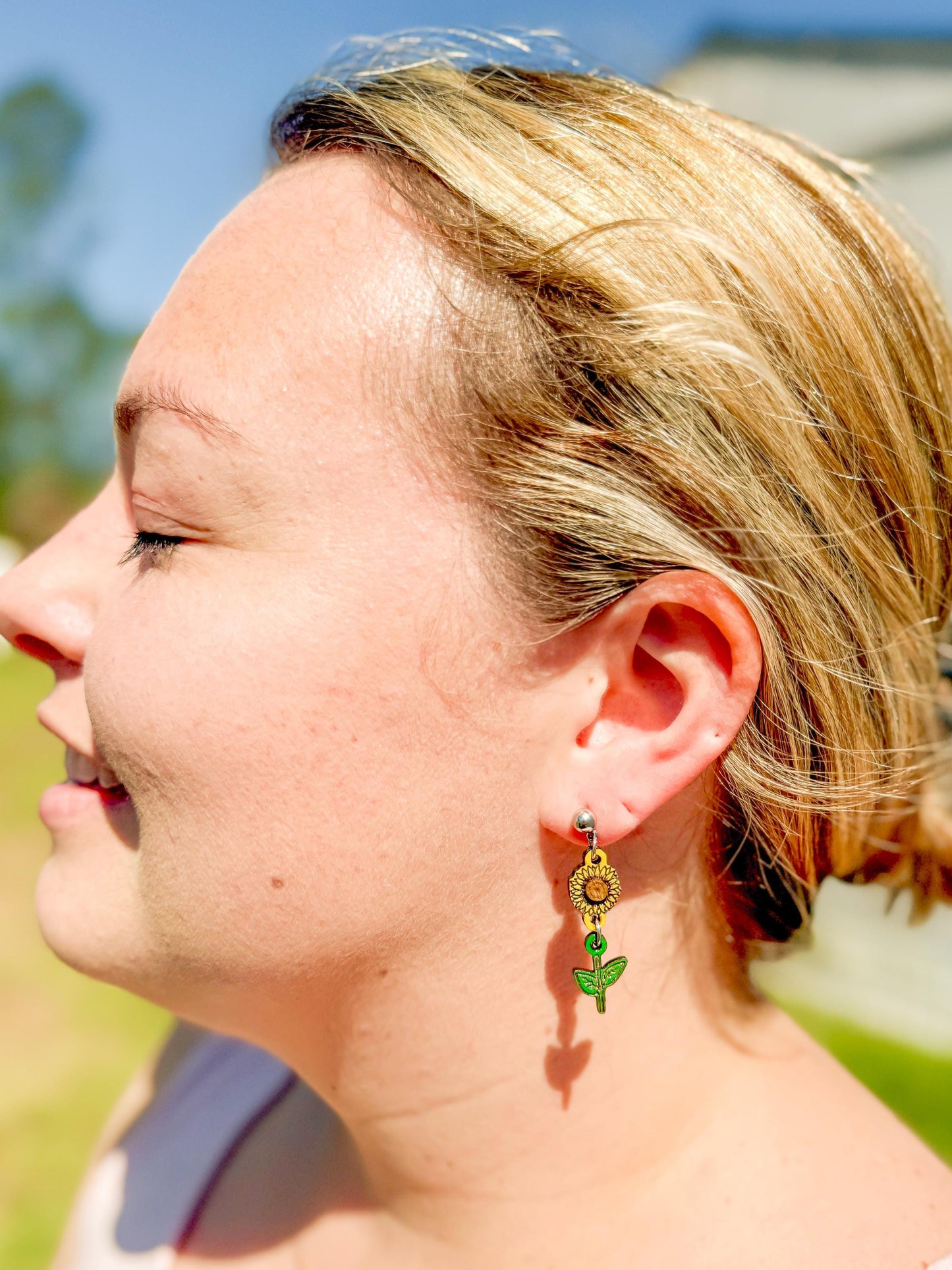 Sunflower Earrings – Hand-Painted Woodcut, Engraved, Yellow & Green, Country Southern Flower
