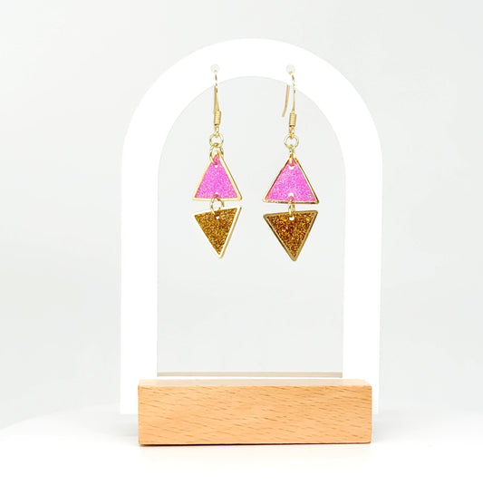 Handcrafted Resin Triangle Earrings – Pink & Gold Glitter, Modern Geometric Design