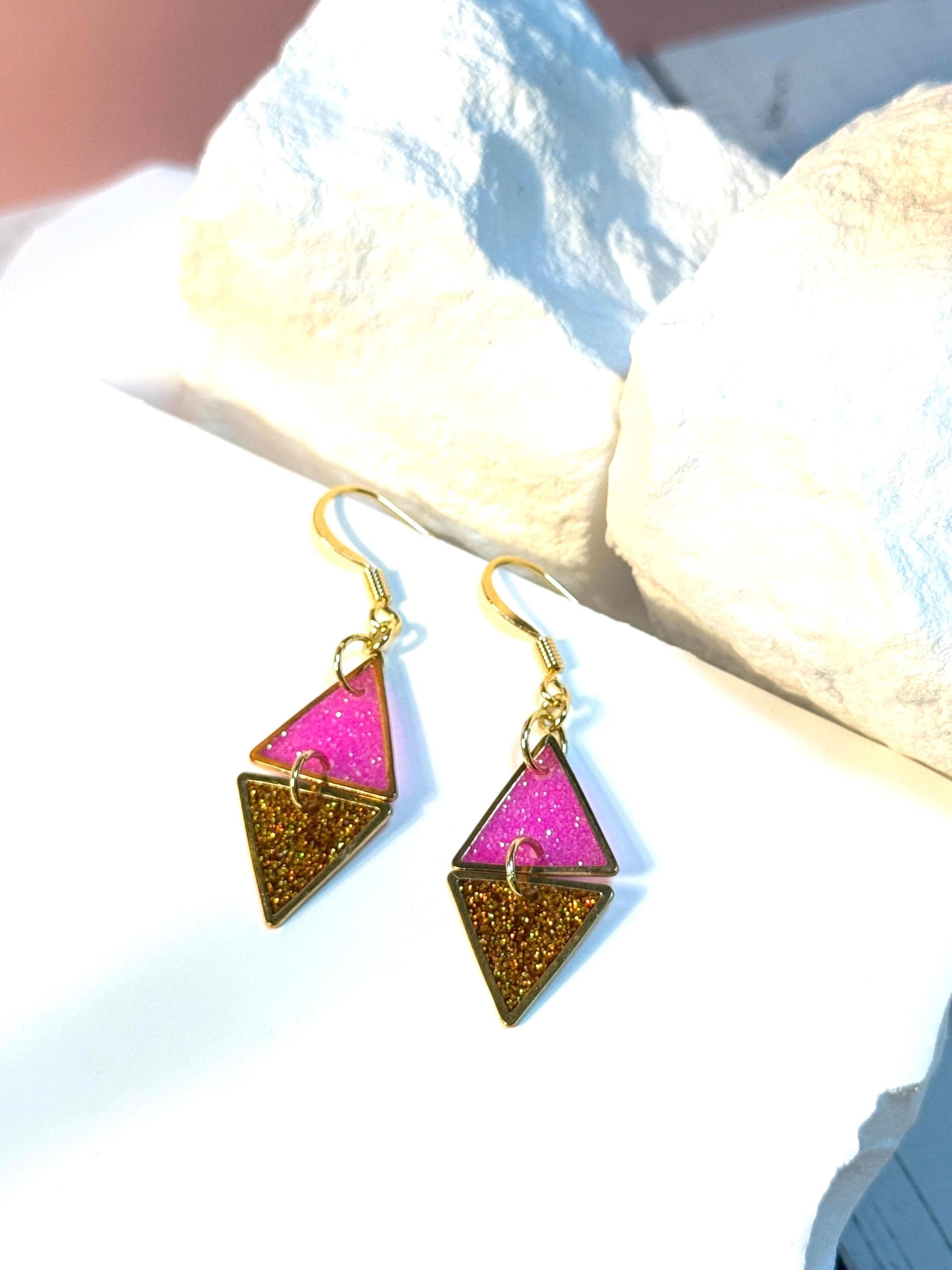 Handcrafted Resin Triangle Earrings – Pink & Gold Glitter, Modern Geometric Design