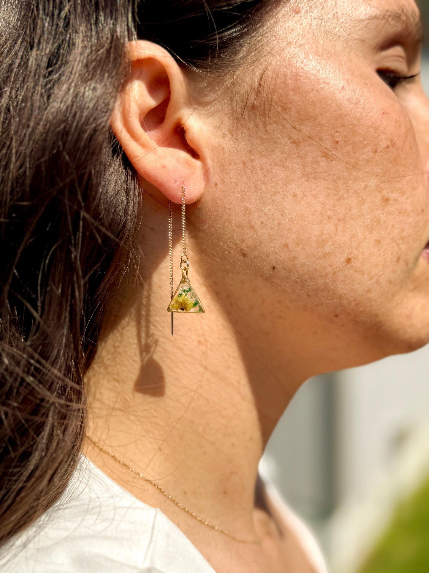 Clear Resin Earrings – Yellow Flowers, White & Green Accents, Gold Triangle