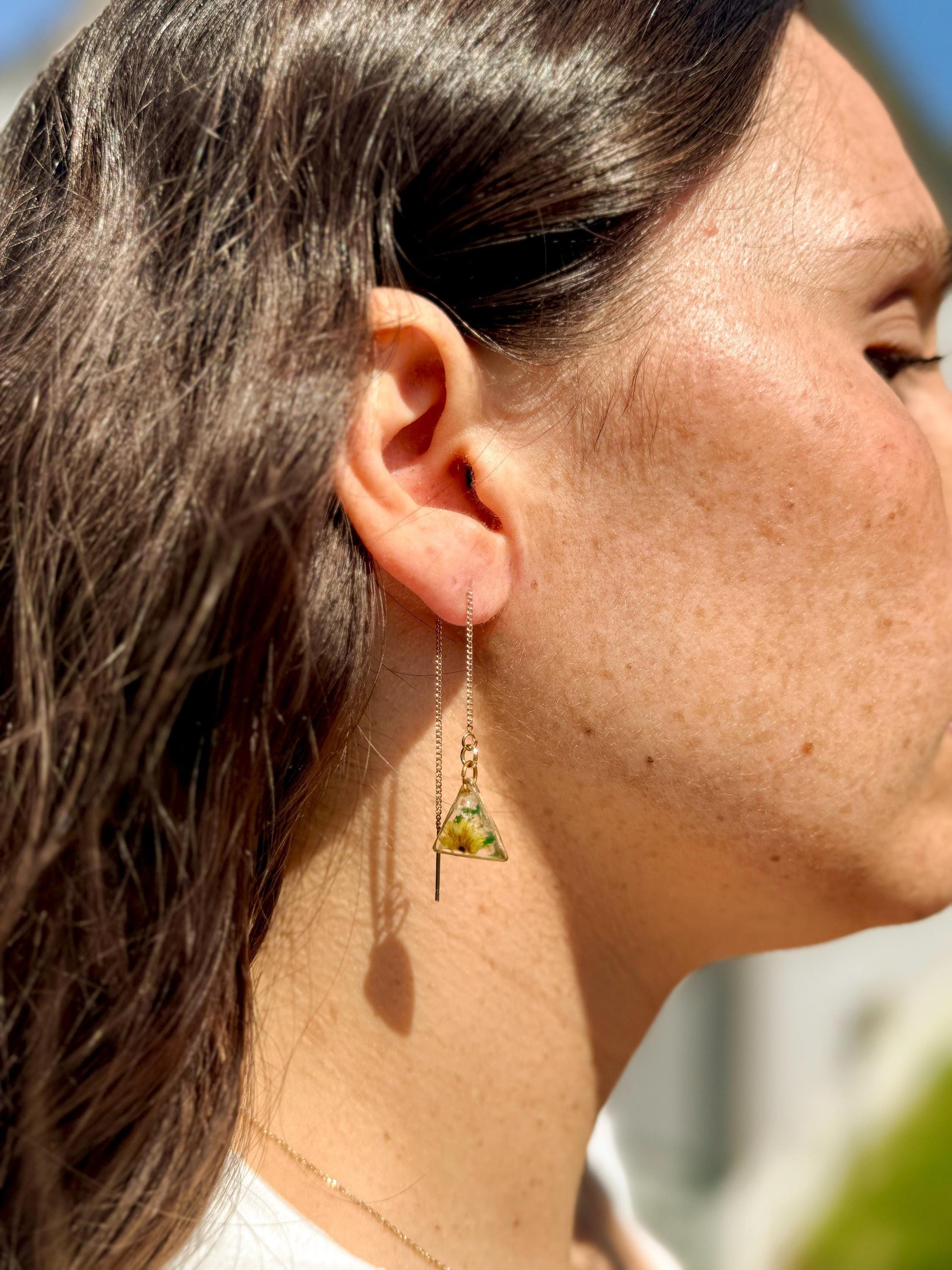 Clear Resin Earrings – Yellow Flowers, White & Green Accents, Gold Triangle
