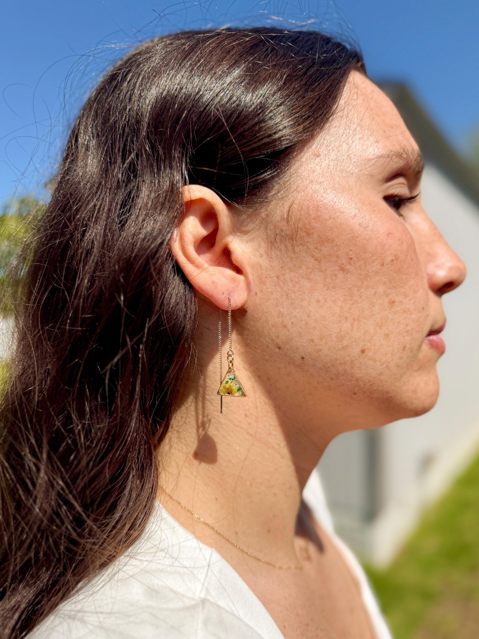 Clear Resin Earrings – Yellow Flowers, White & Green Accents, Gold Triangle
