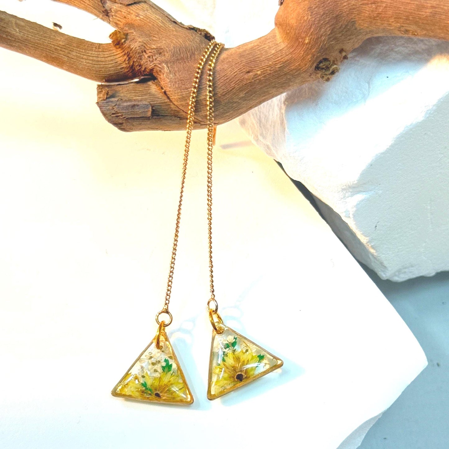 Clear Resin Earrings – Yellow Flowers, White & Green Accents, Gold Triangle