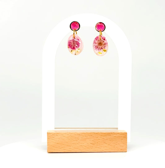 Sparkling Pink Resin Cottagecore Stud Earrings with Real Flower Drops