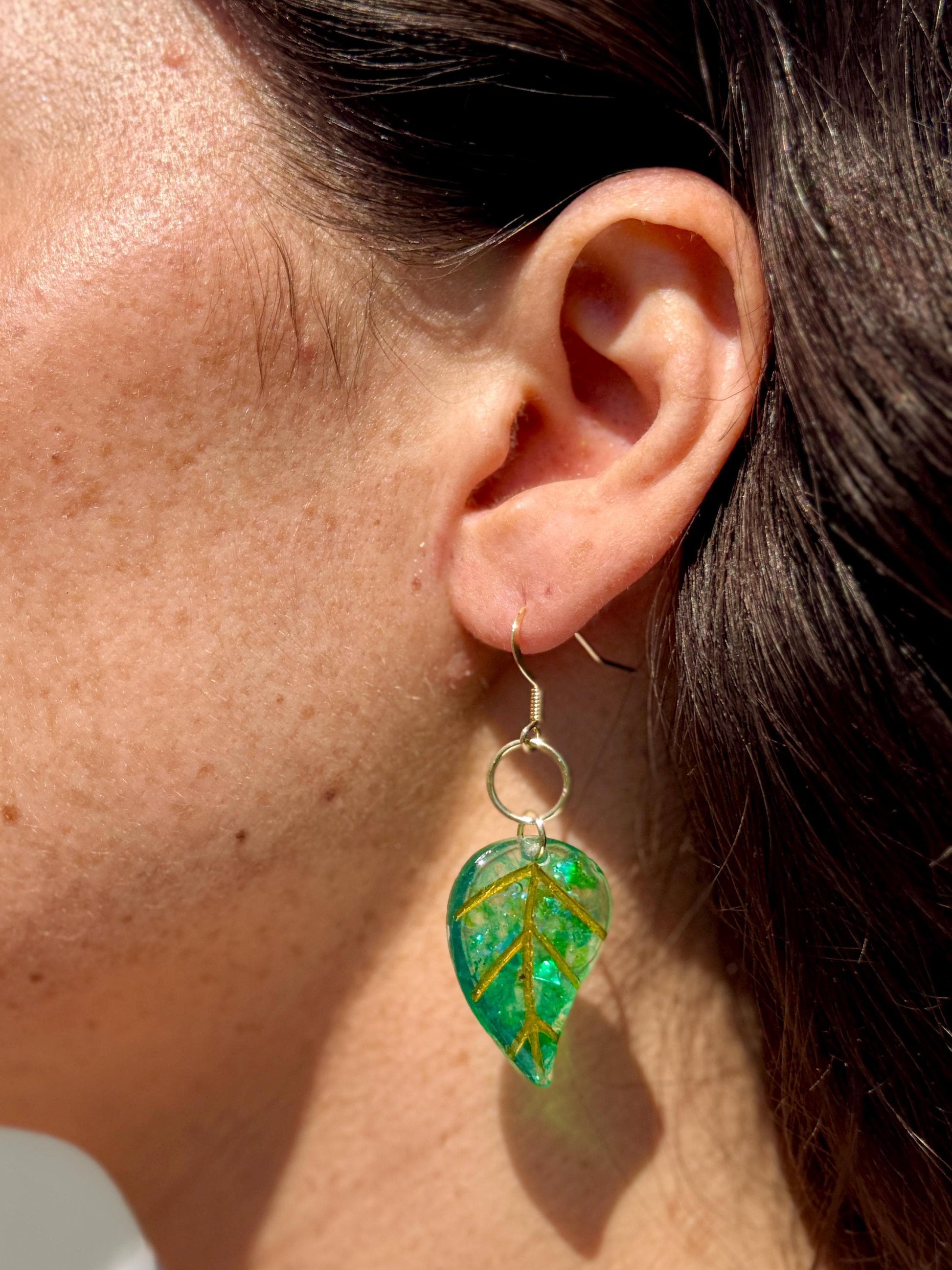 Handmade Resin Leaf Earrings – Green & Gold Accents for a Boho-Chic Look