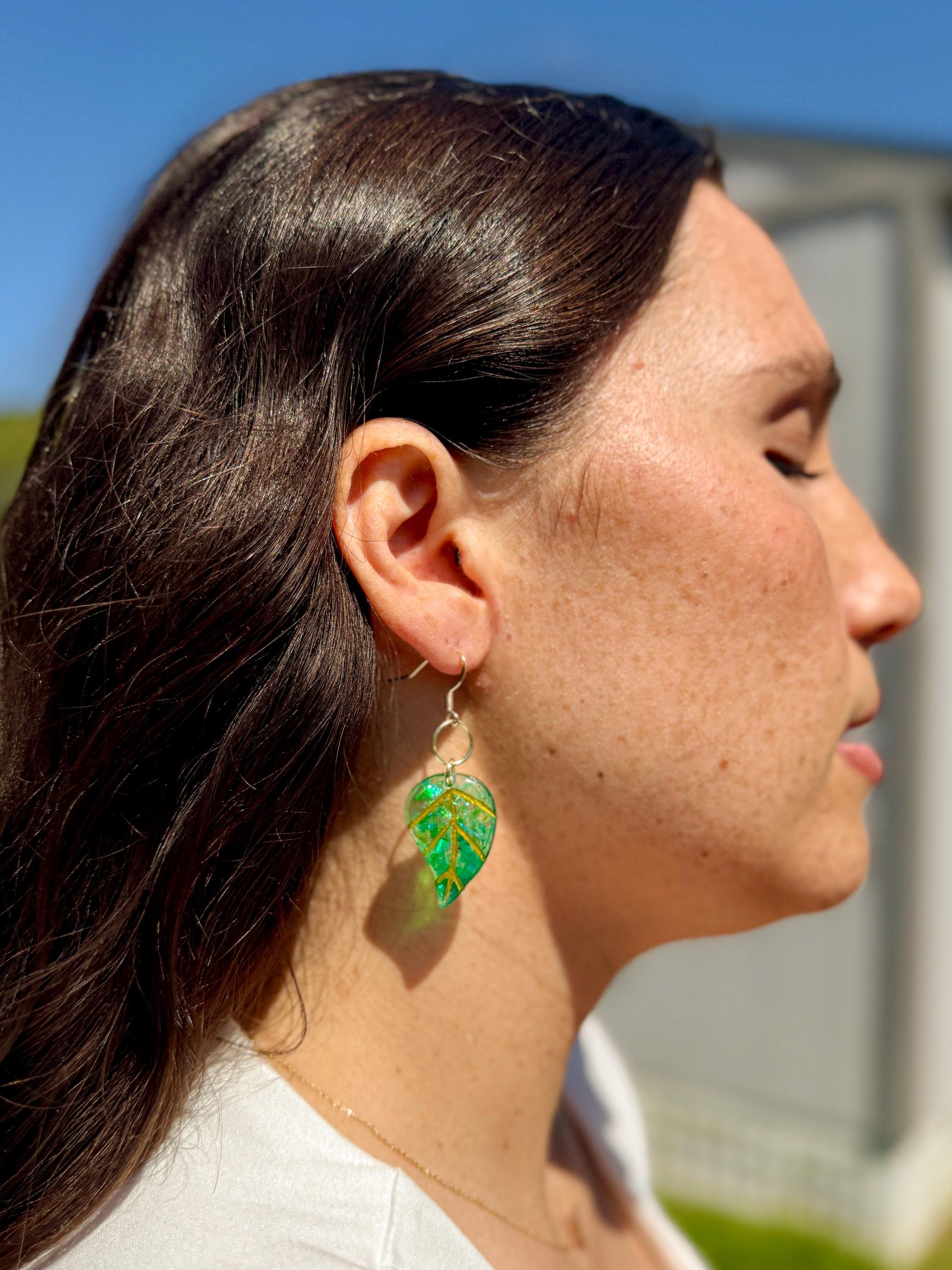 Handmade Resin Leaf Earrings – Green & Gold Accents for a Boho-Chic Look