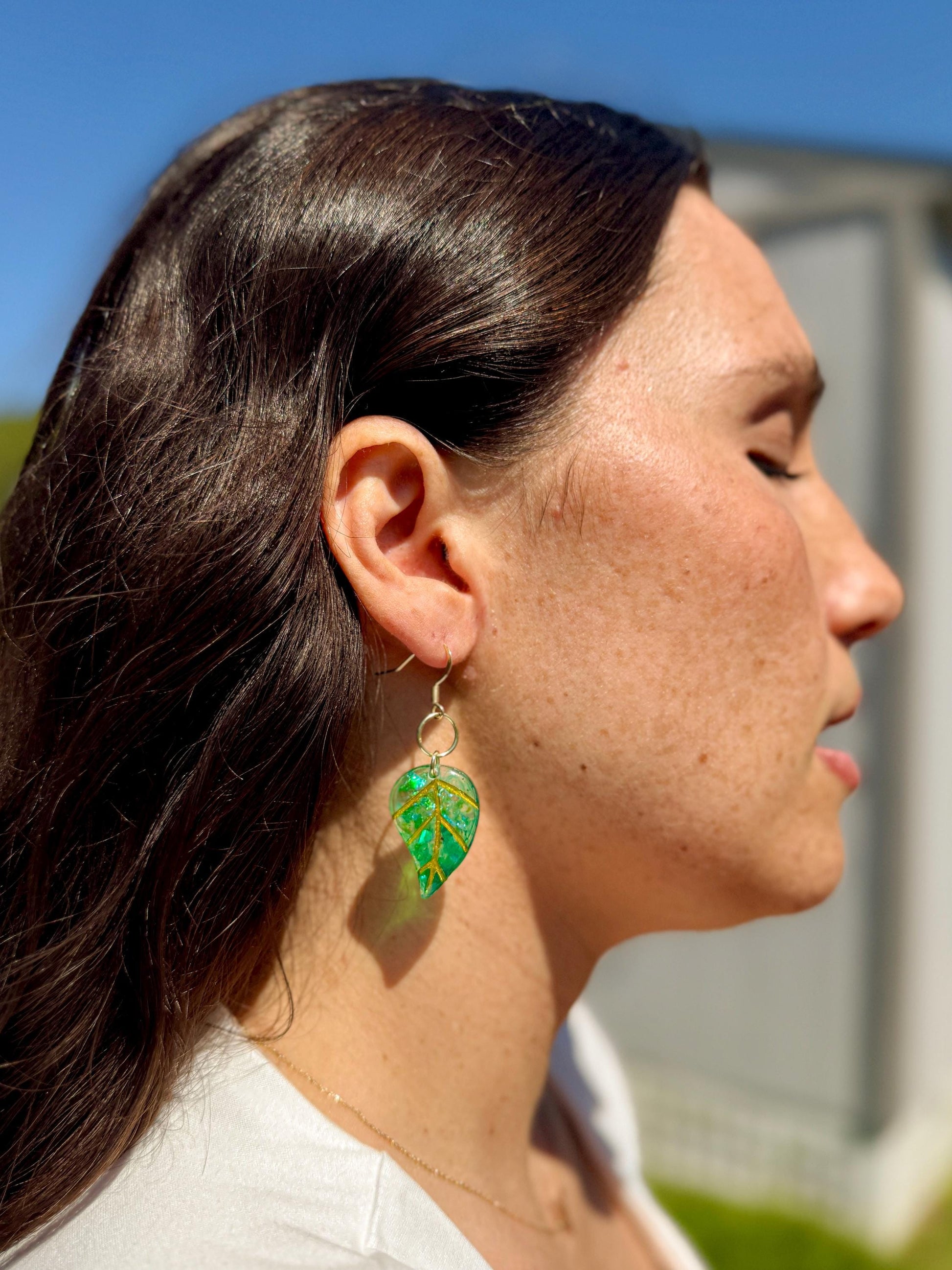 Handmade Resin Leaf Earrings – Green & Gold Accents for a Boho-Chic Look