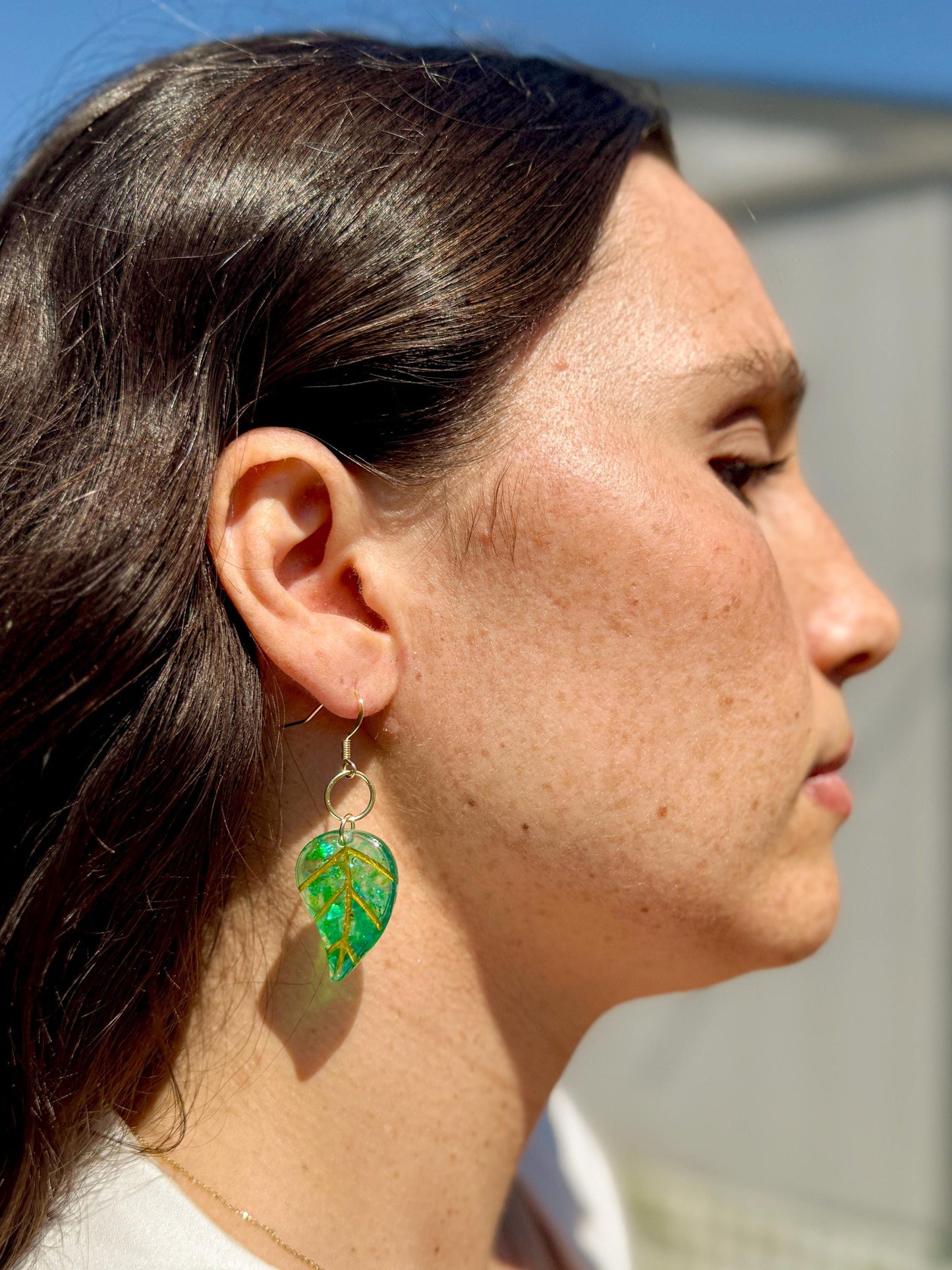 Handmade Resin Leaf Earrings – Green & Gold Accents for a Boho-Chic Look