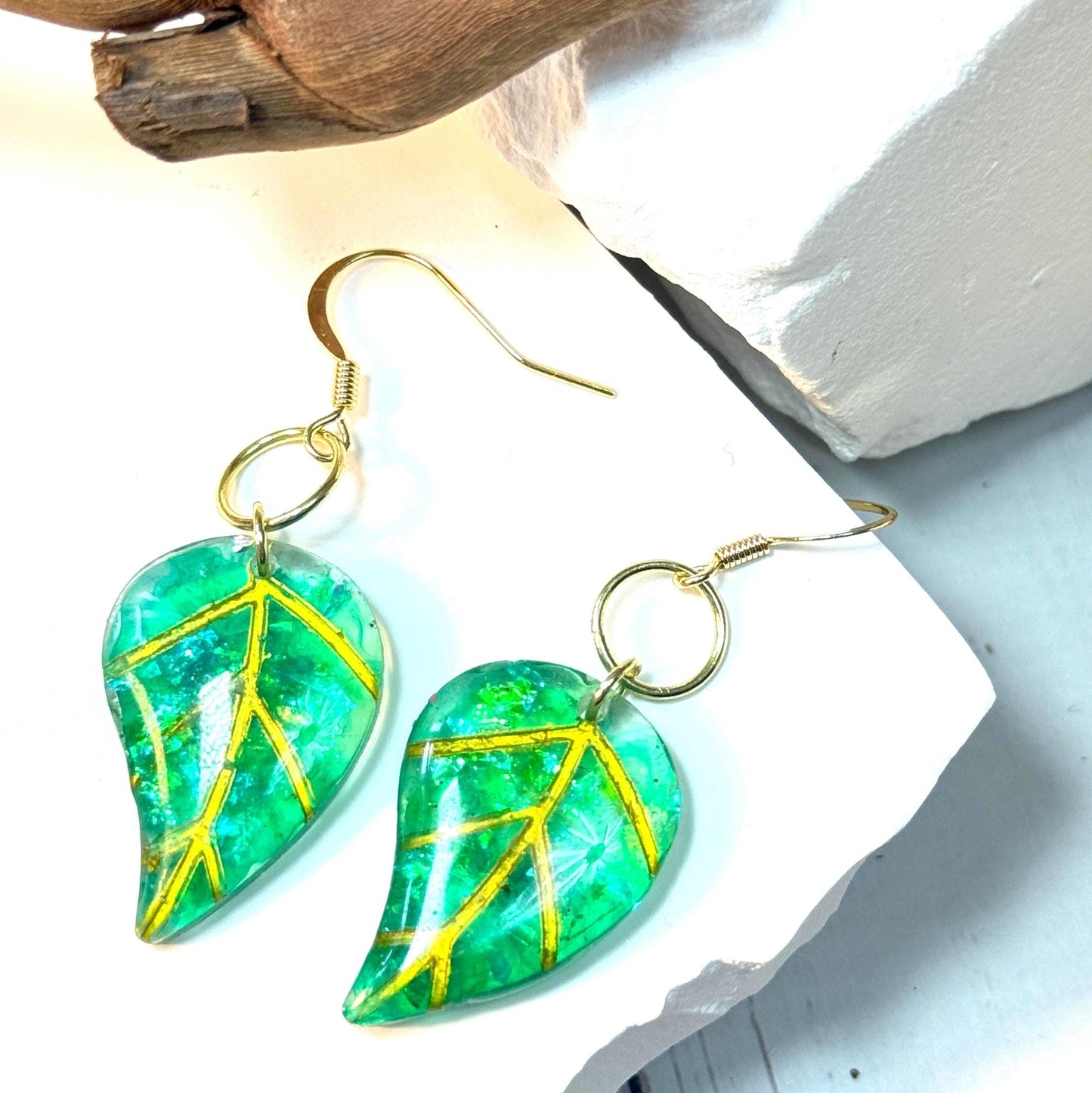 Handmade Resin Leaf Earrings – Green & Gold Accents for a Boho-Chic Look