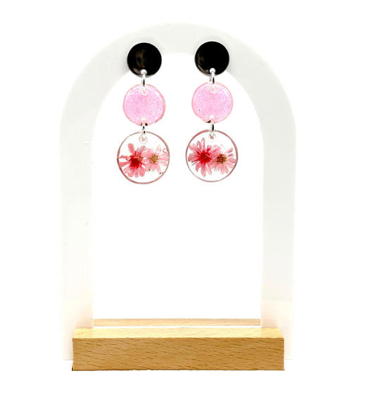 Tiny Dried Pressed Flowers Circle Earrings – Dainty Silver Studs with pink resin