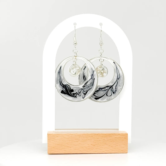 Handmade Swirl Resin Hoop Earrings – Modern Monochrome Design with Silver Accents