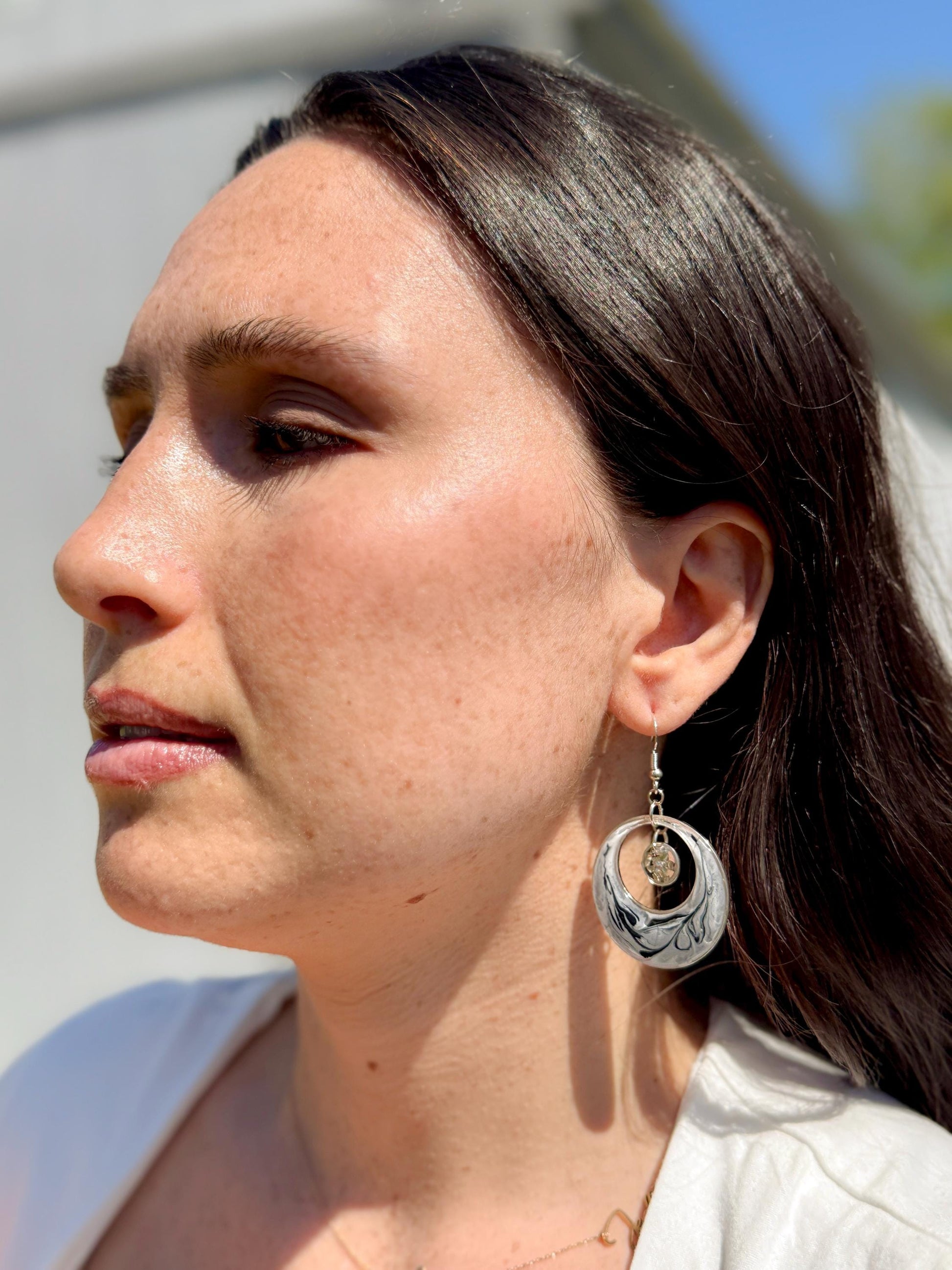 Handmade Swirl Resin Hoop Earrings – Modern Monochrome Design with Silver Accents