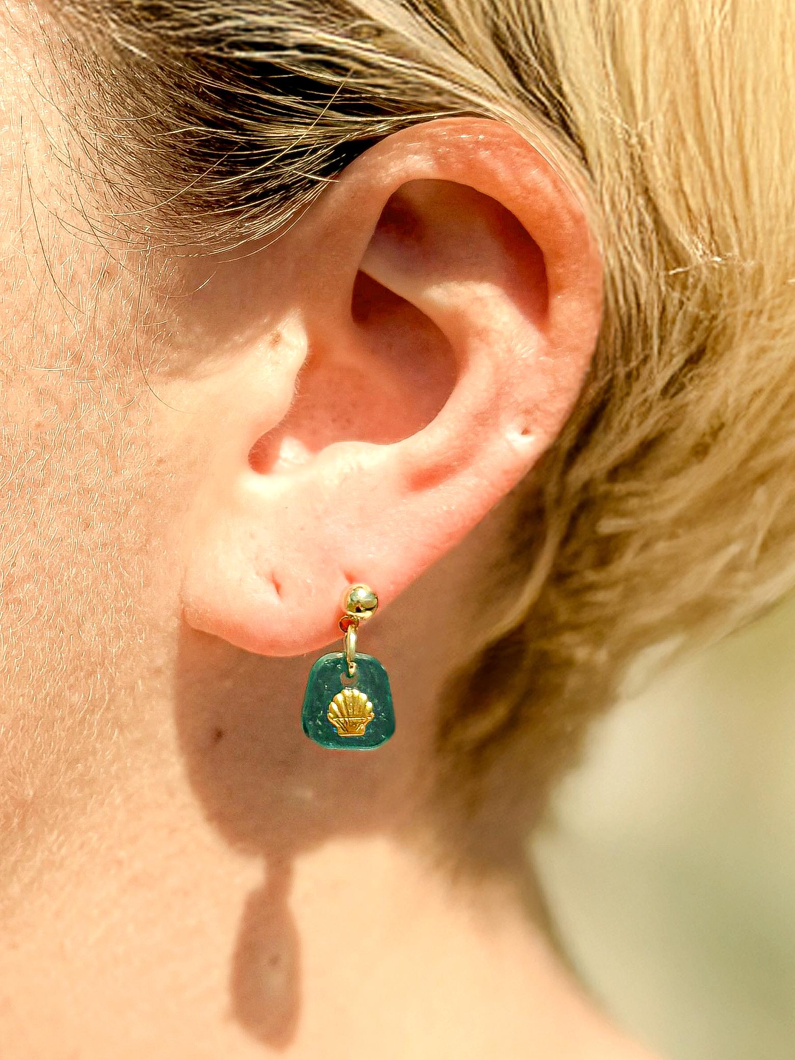 Handmade Resin Seashell Earrings – Teal Hues with Gold Accents
