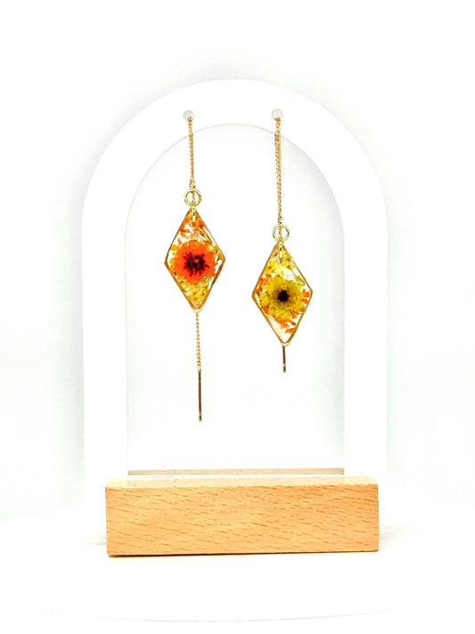 Dual Tone Floral Earrings – Clear Resin, Yellow & Orange Blooms with Foliage