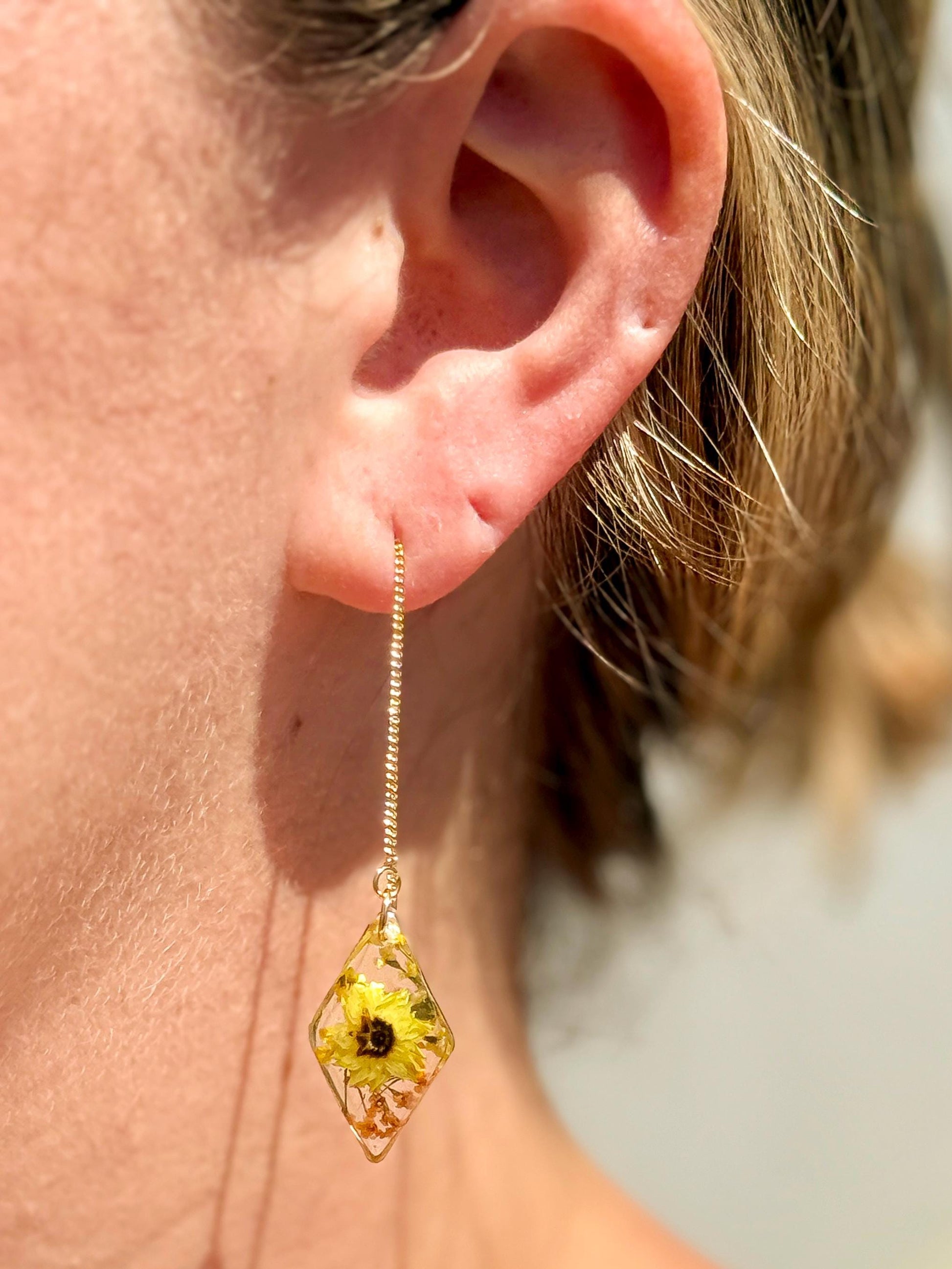 Dual Tone Floral Earrings – Clear Resin, Yellow & Orange Blooms with Foliage