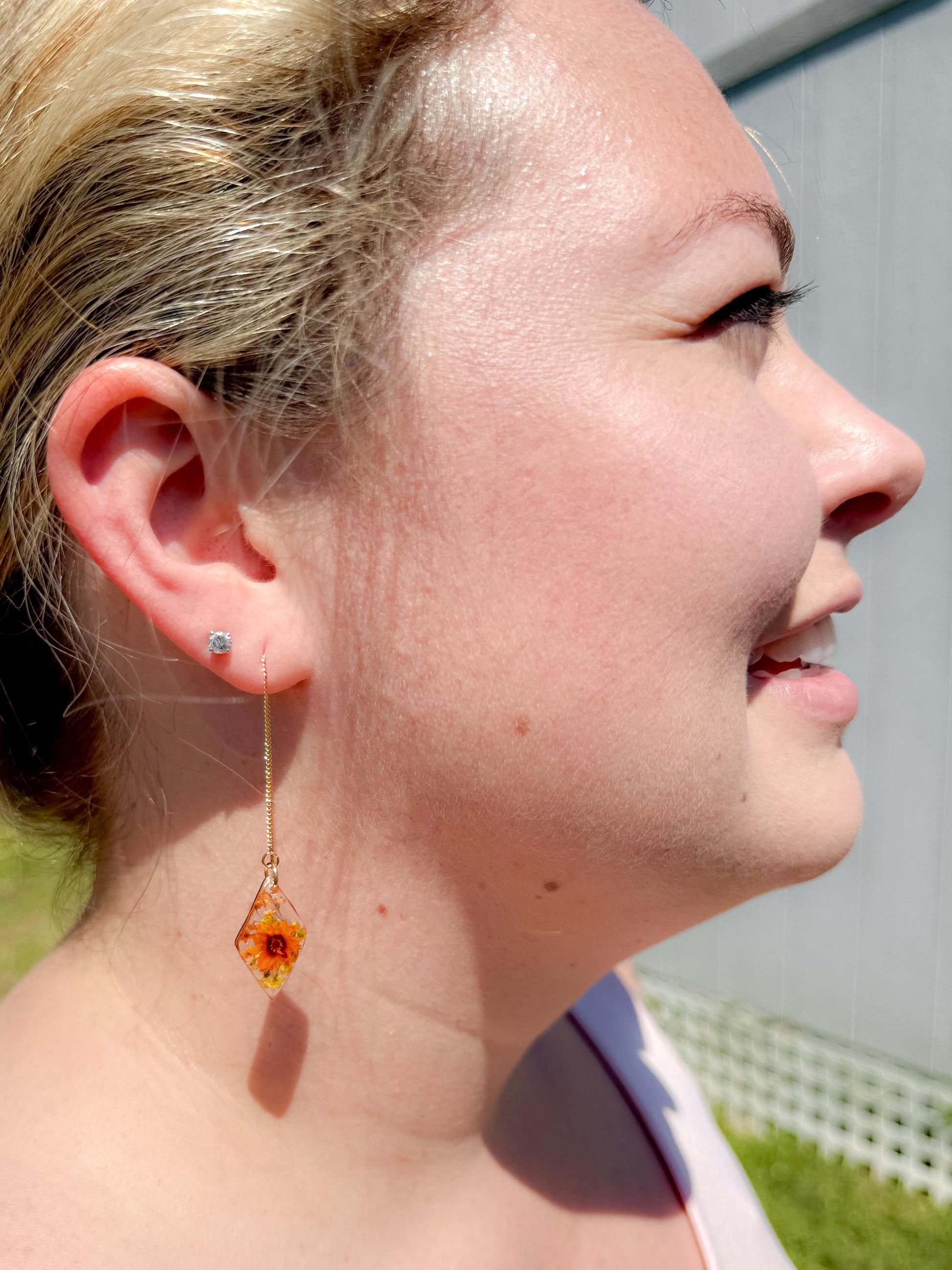 Dual Tone Floral Earrings – Clear Resin, Yellow & Orange Blooms with Foliage