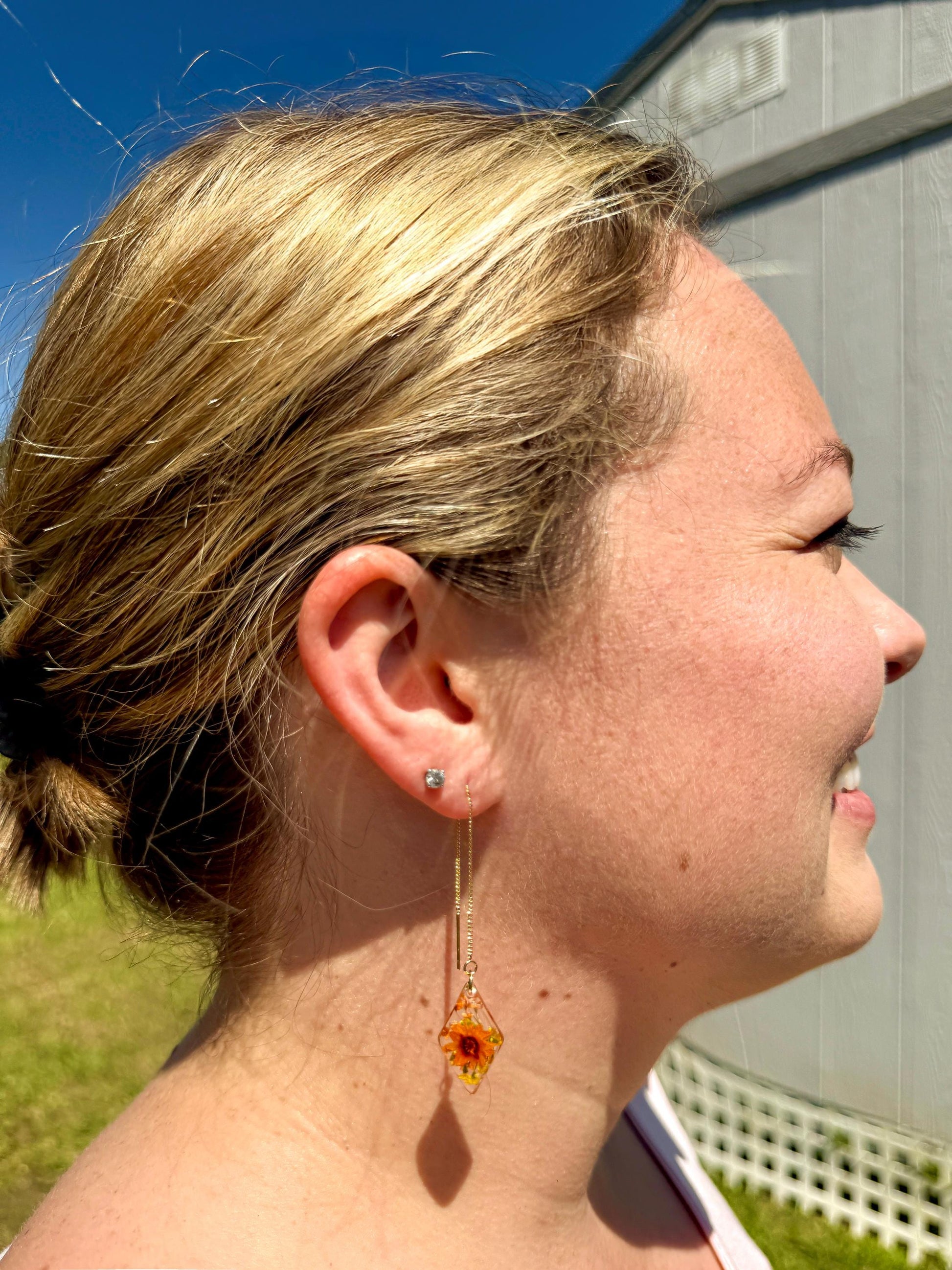 Dual Tone Floral Earrings – Clear Resin, Yellow & Orange Blooms with Foliage