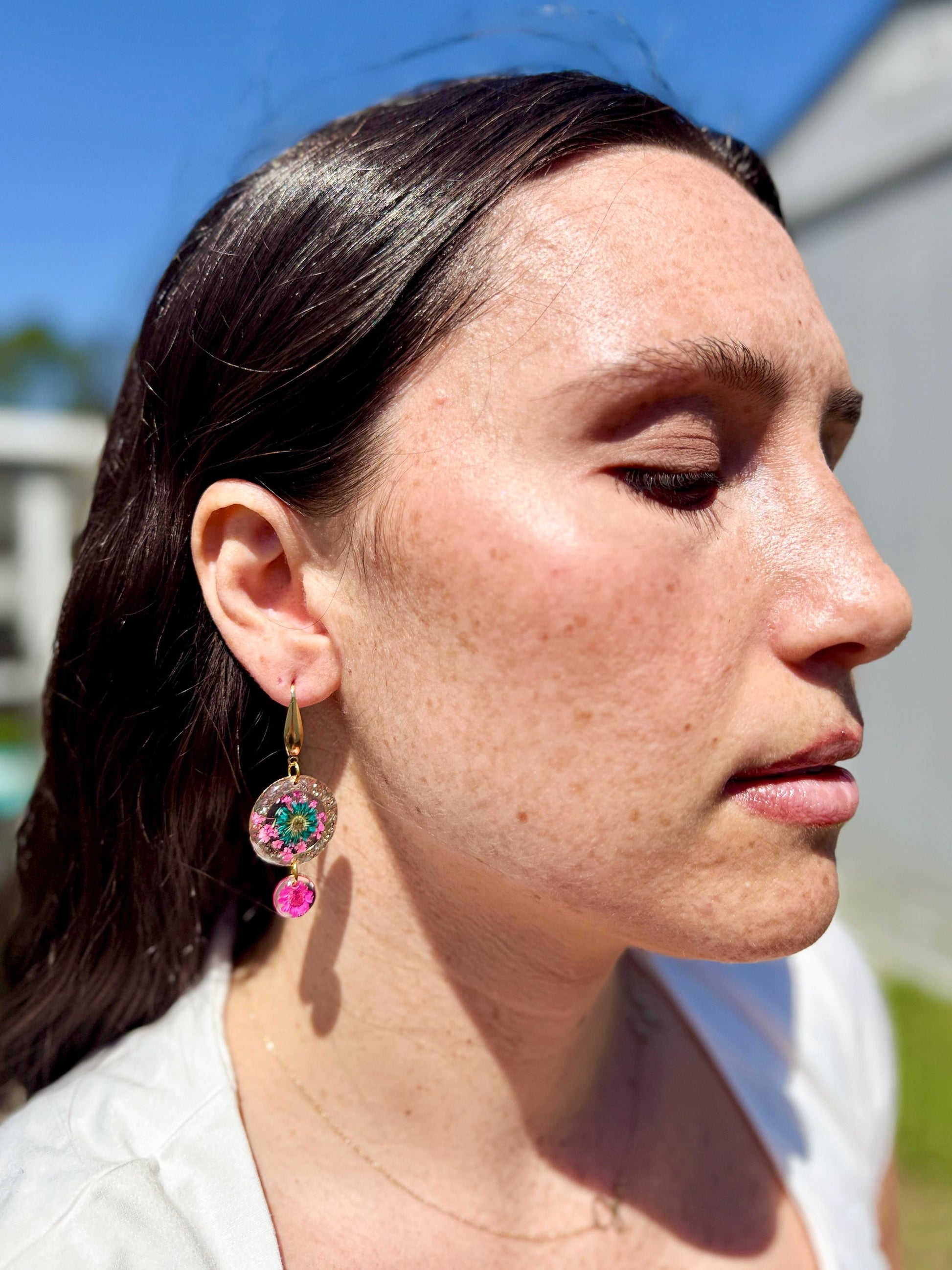 Handcrafted Resin Floral Earrings – Pink & Green Blooms with Gold Accents