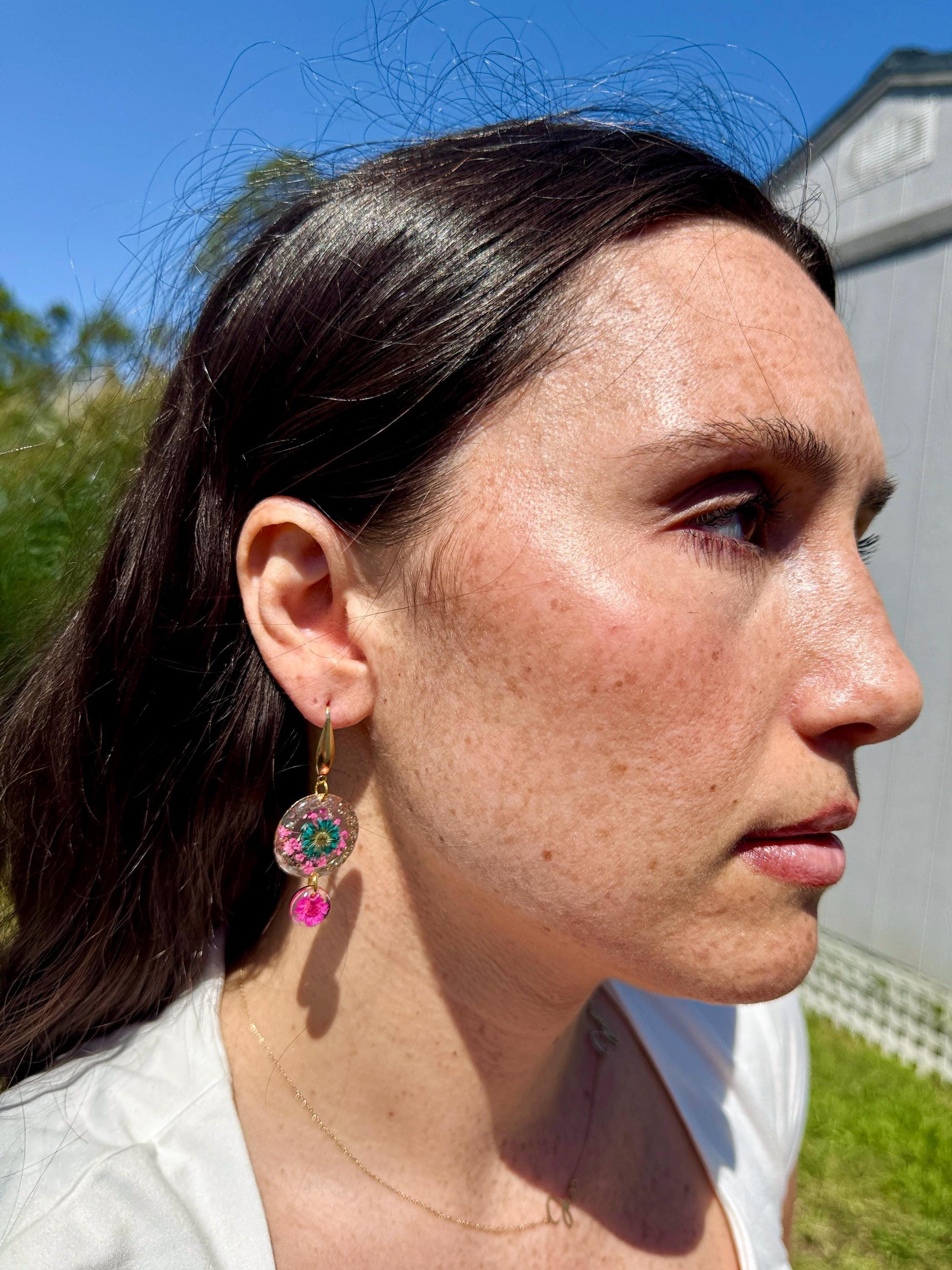 Handcrafted Resin Floral Earrings – Pink & Green Blooms with Gold Accents