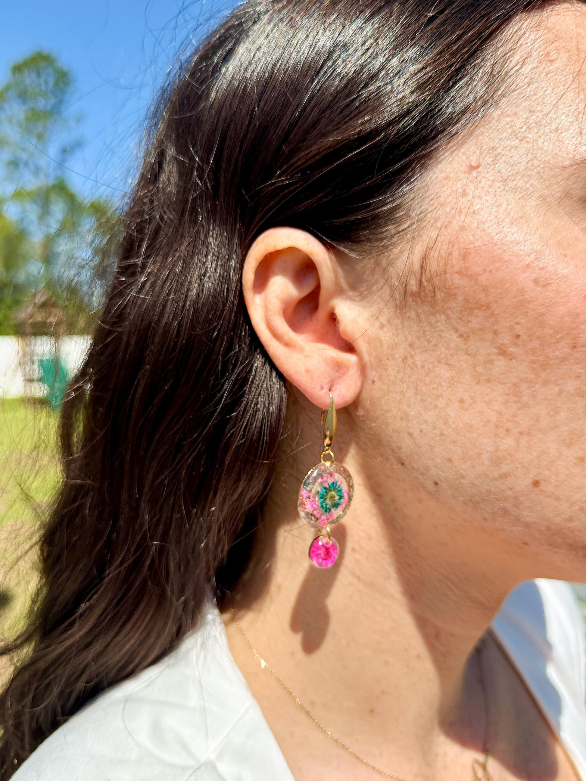 Handcrafted Resin Floral Earrings – Pink & Green Blooms with Gold Accents
