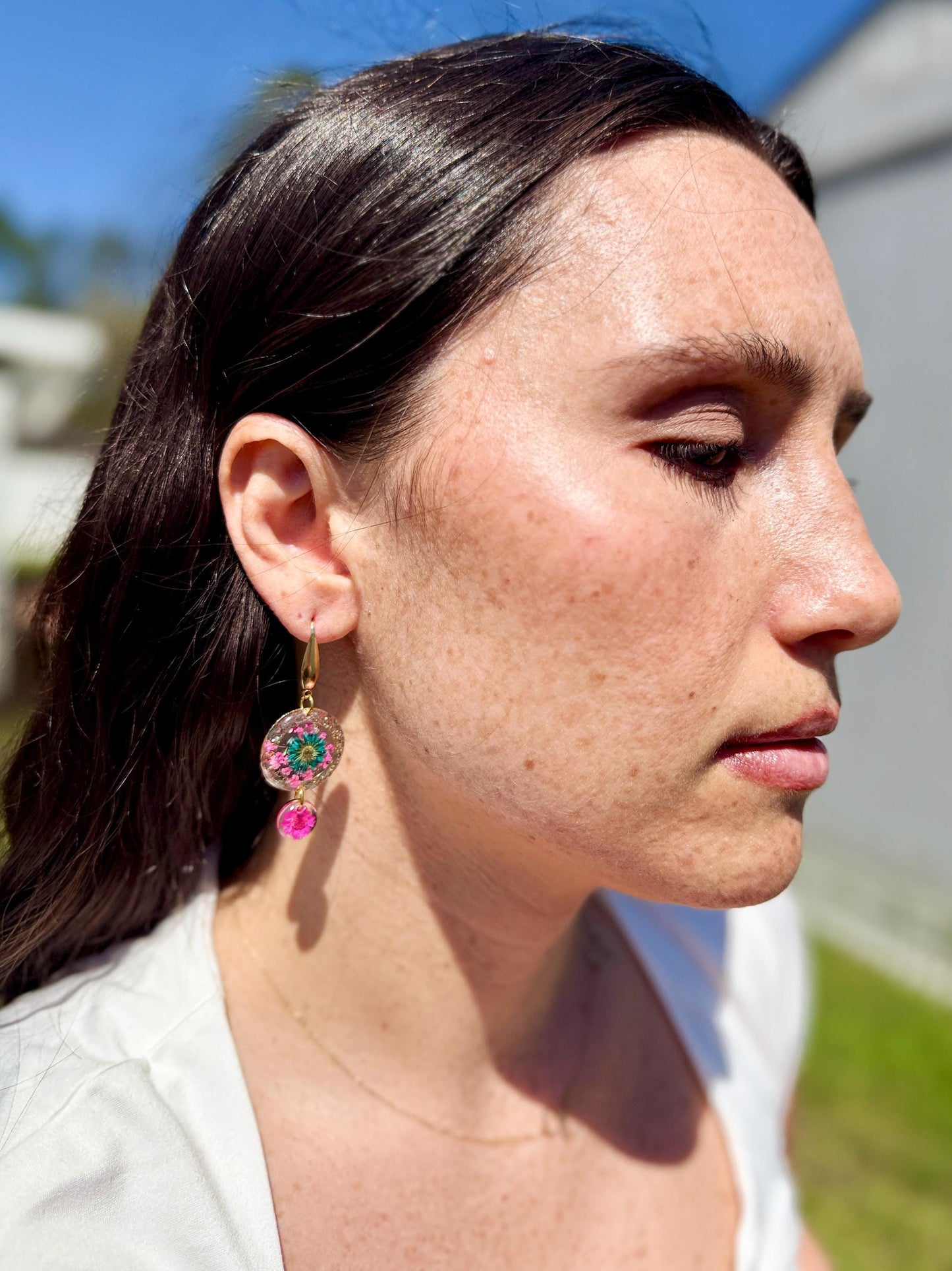 Handcrafted Resin Floral Earrings – Pink & Green Blooms with Gold Accents
