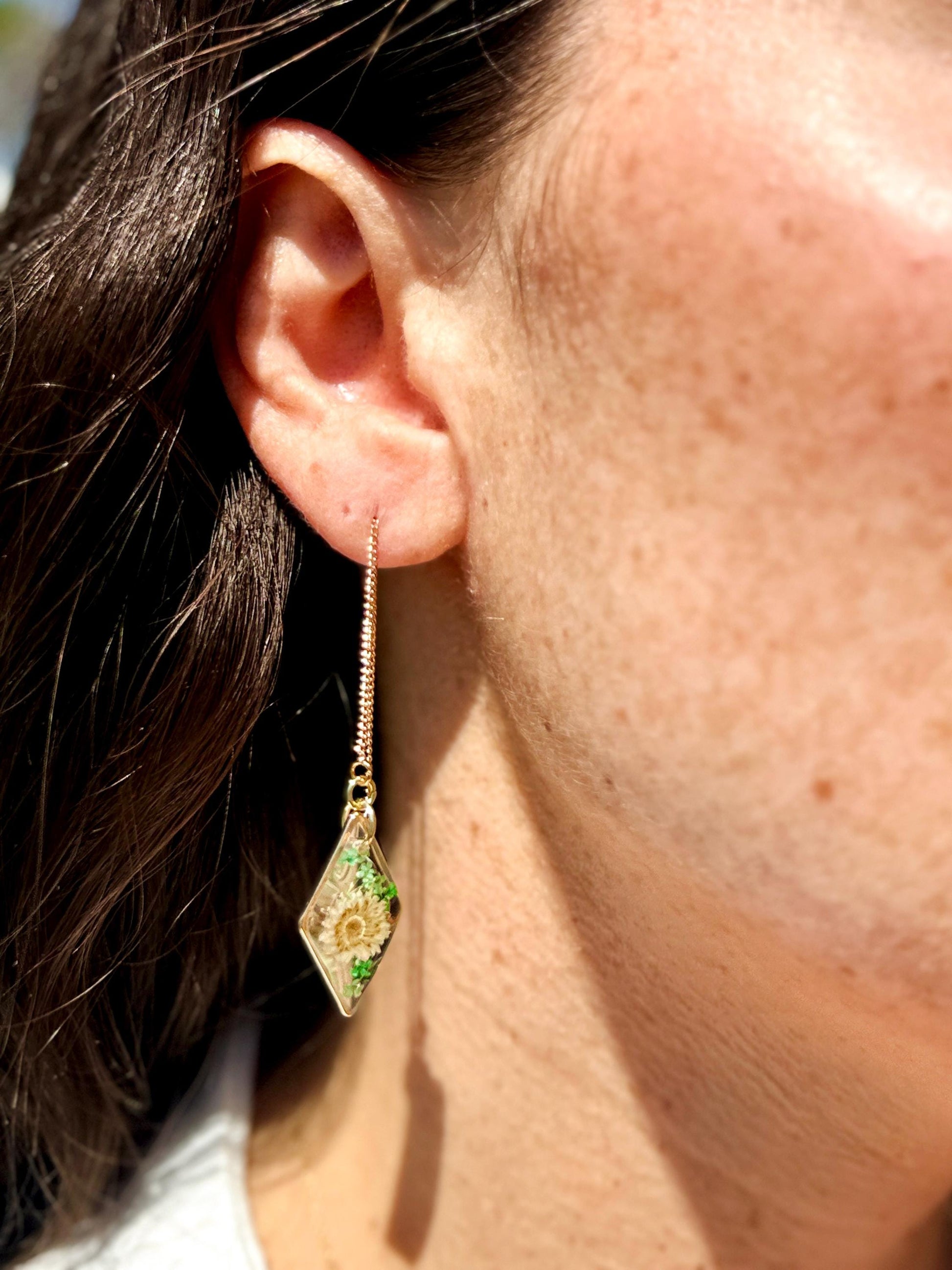 Handmade Diamond Resin Earrings: White Flowers, Gold Threader Chain