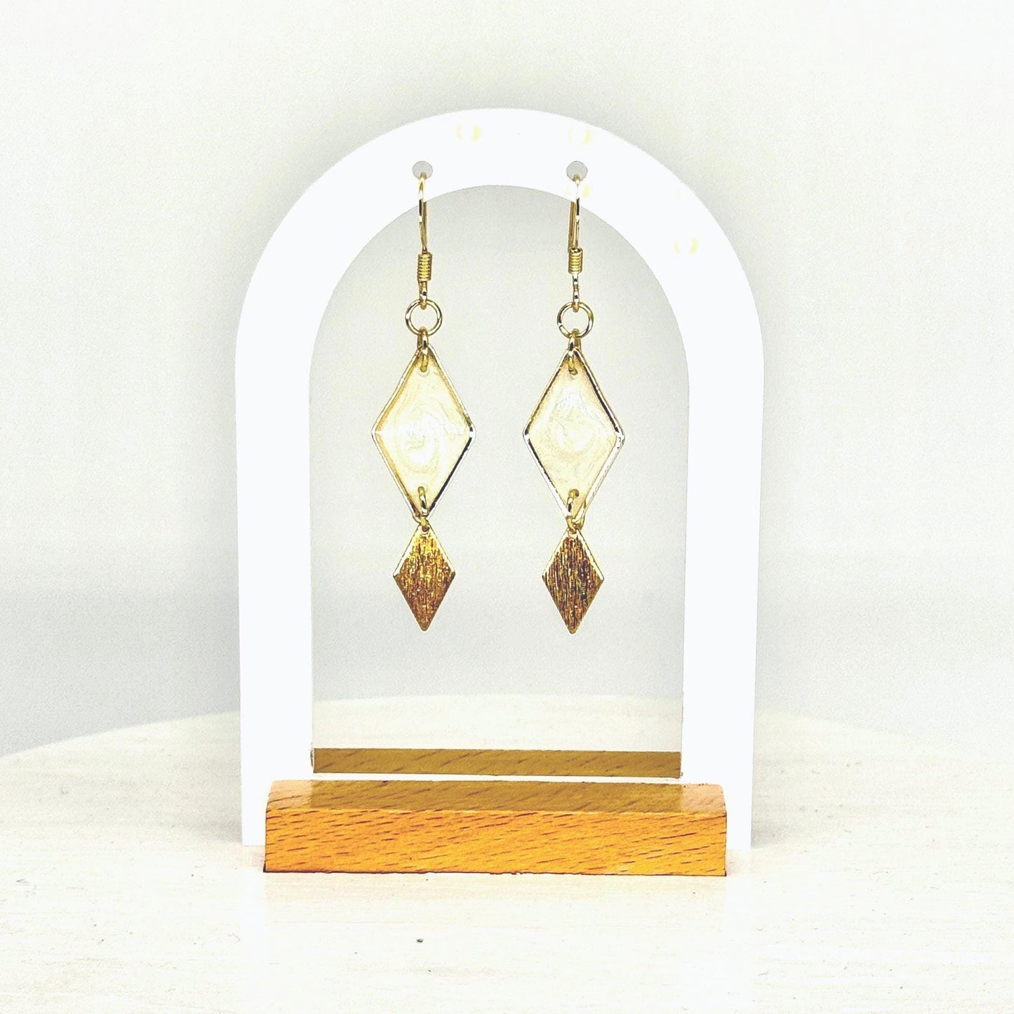 Gold Geometric Earrings: Pearlescent White Resin Diamond Dangle