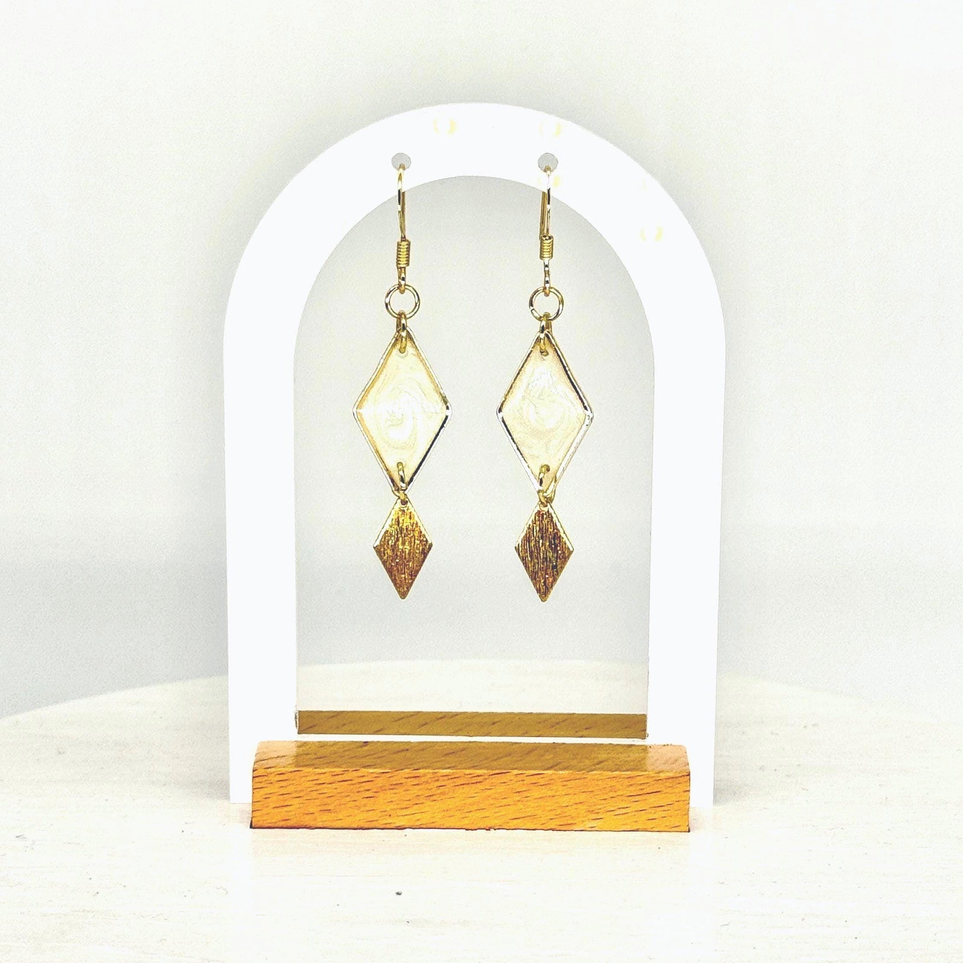 Gold Geometric Earrings: Pearlescent White Resin Diamond Dangle