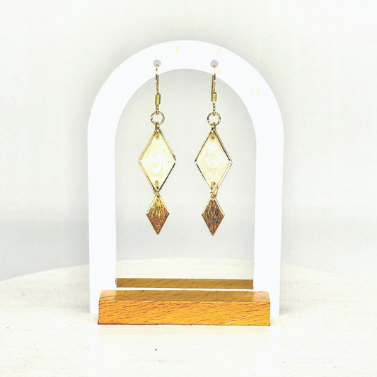 Gold Geometric Earrings: Pearlescent White Resin Diamond Dangle