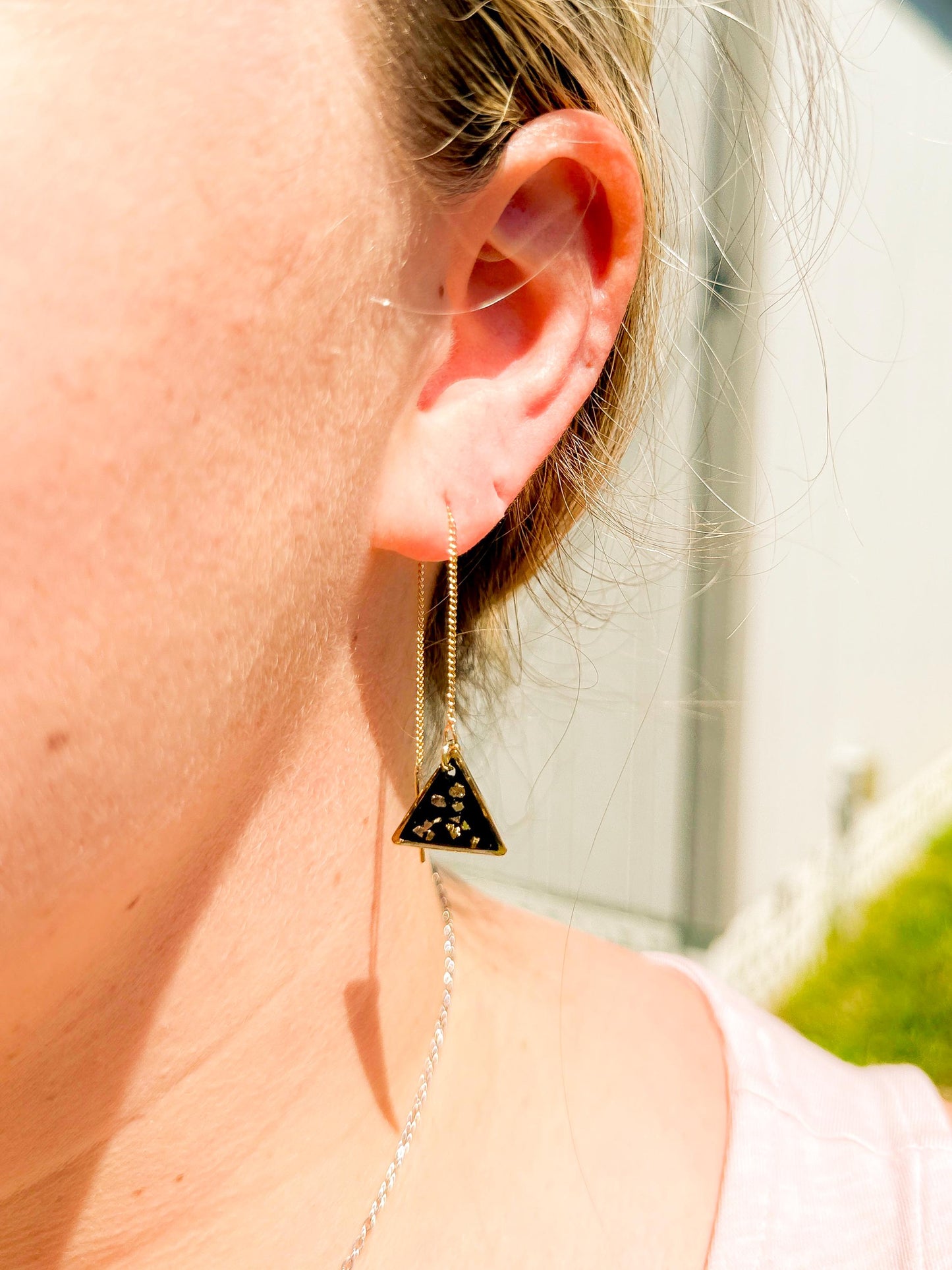 Simple Black Resin Threader Earrings – Modern Gold Pebbles, Triangle Pendant