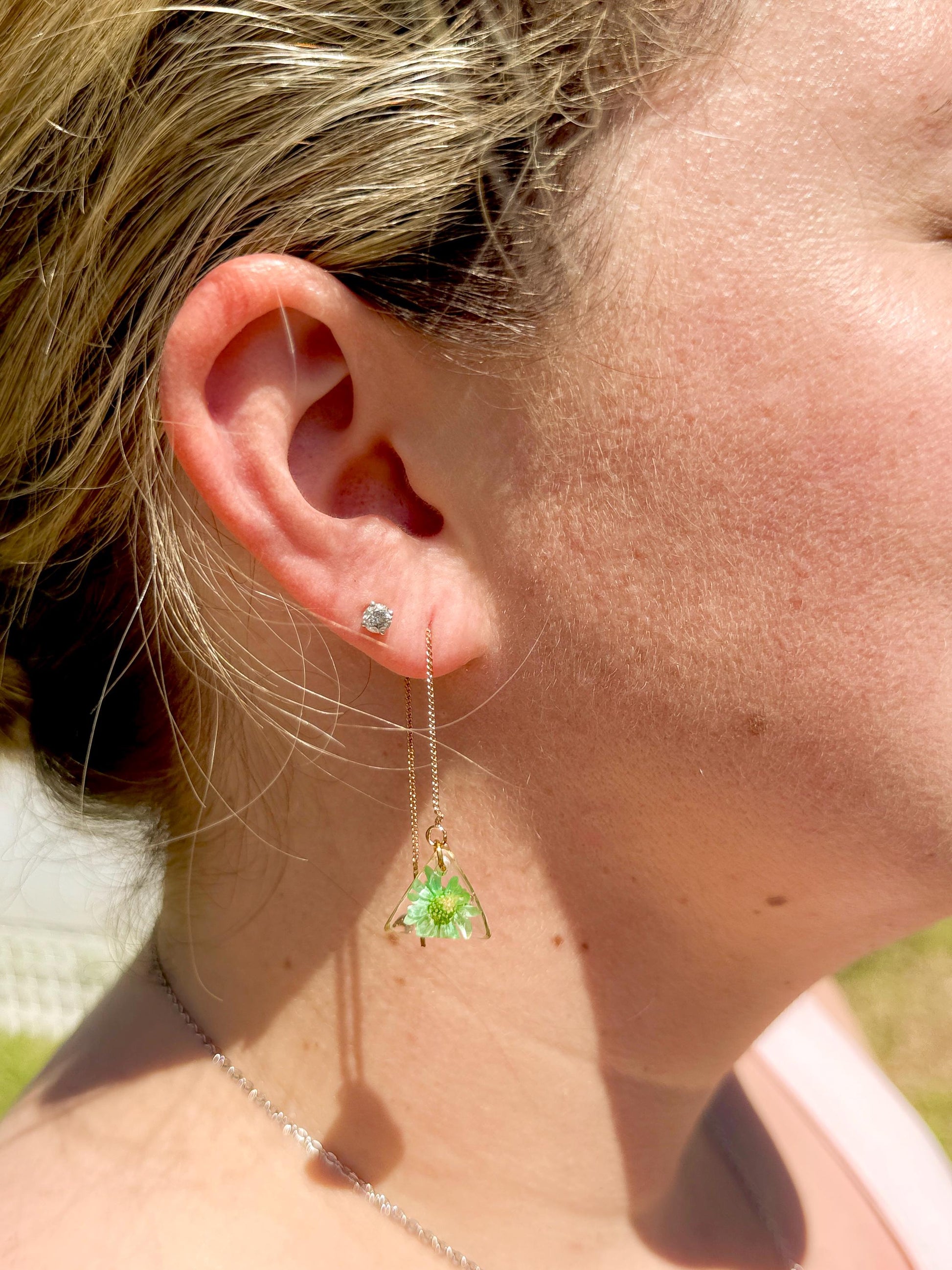 Resin Earrings – Real Green Flowers in Gold Triangle Pendant