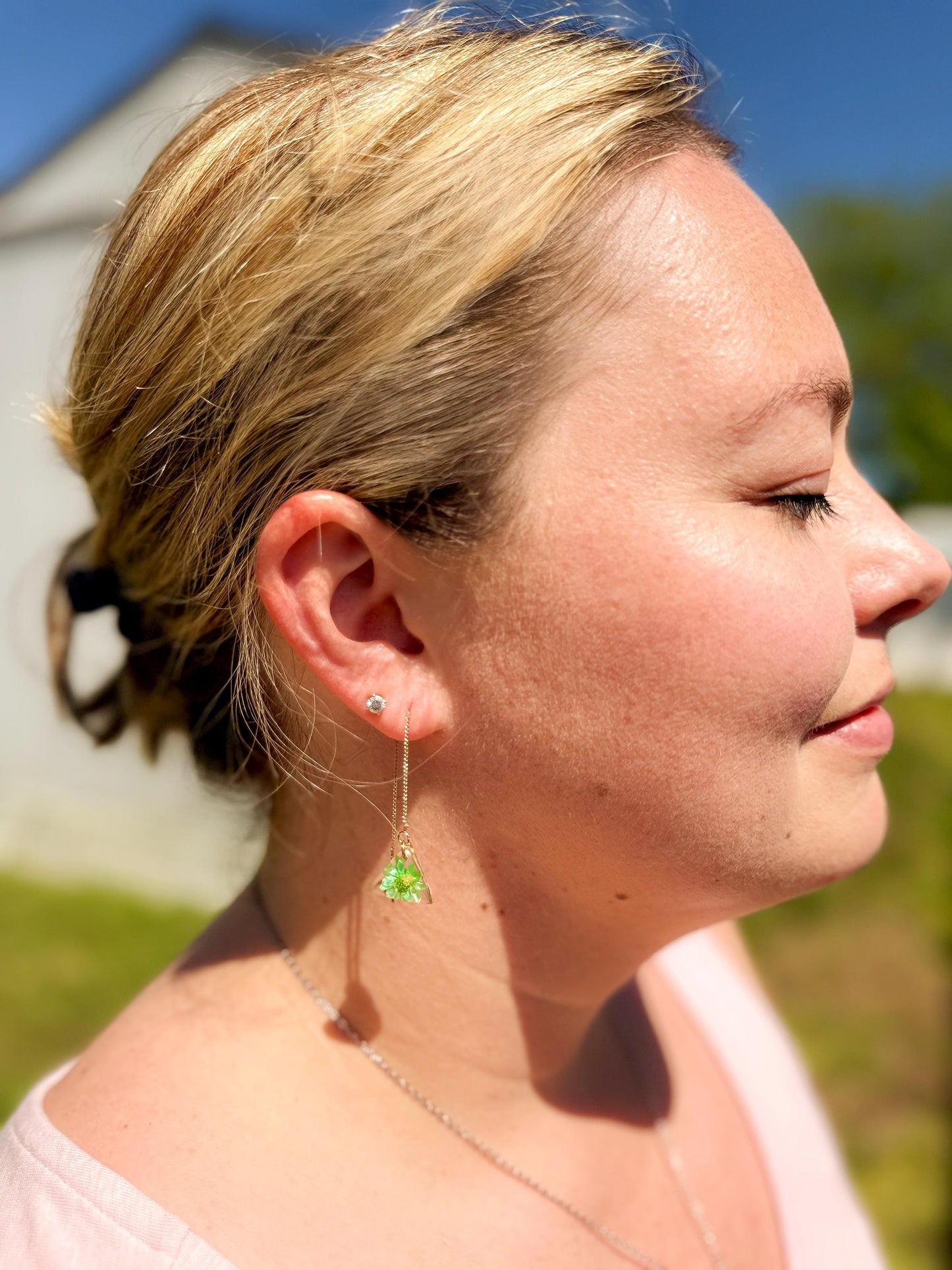 Resin Earrings – Real Green Flowers in Gold Triangle Pendant