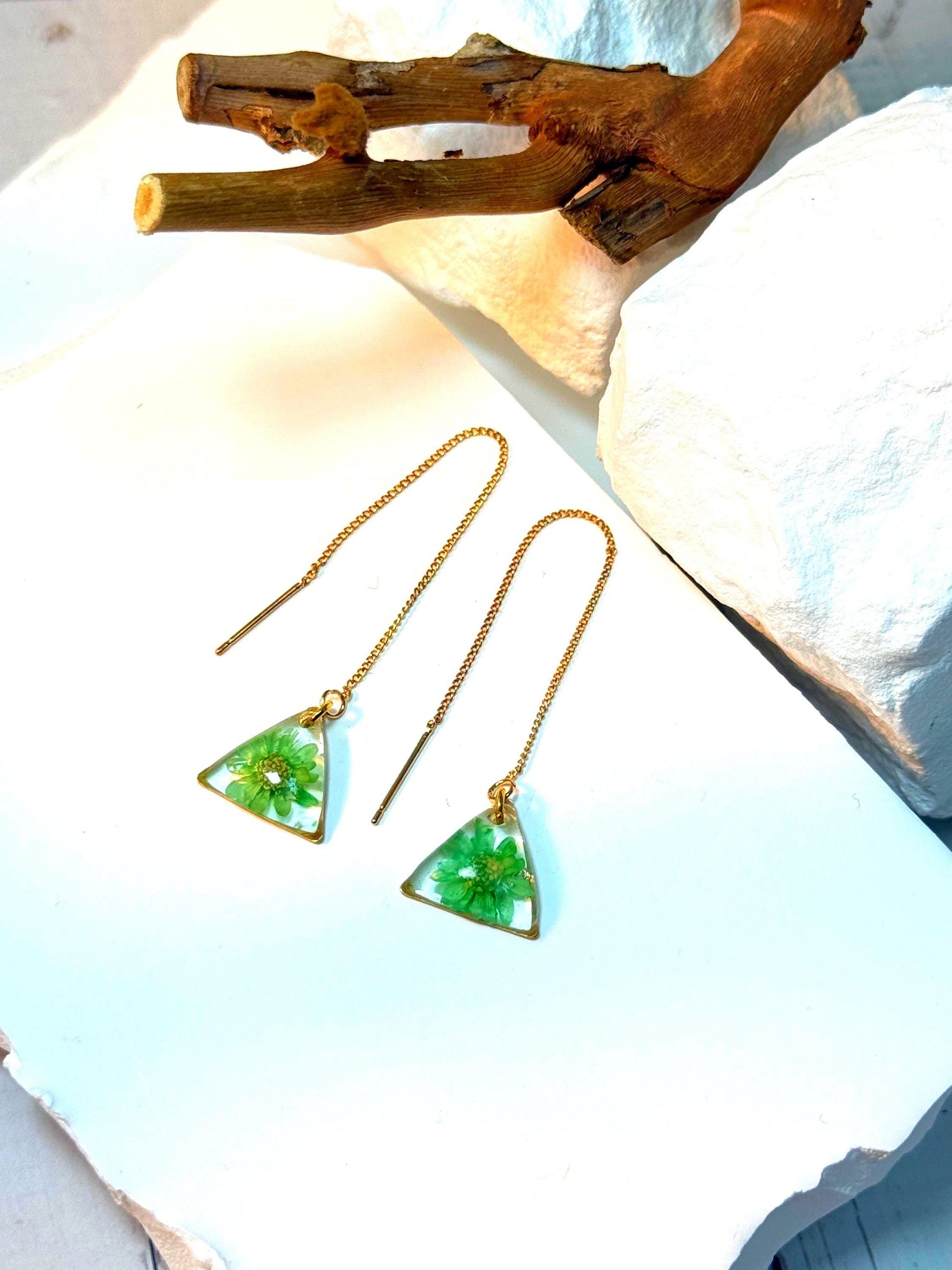 Resin Earrings – Real Green Flowers in Gold Triangle Pendant