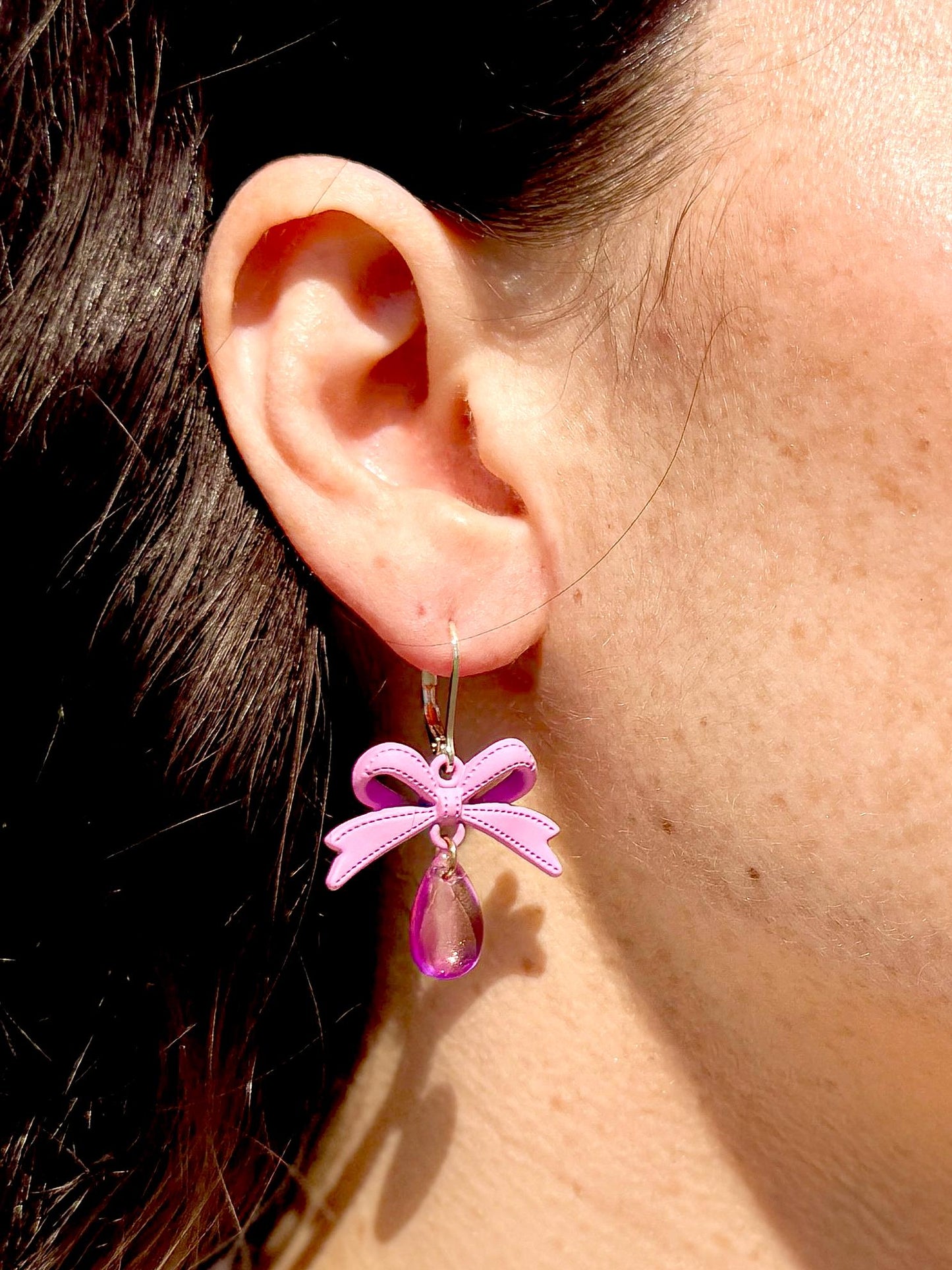Pink Bow Dangle Earrings: Handmade Polymer Ribbon & Iridescent Teardrop
